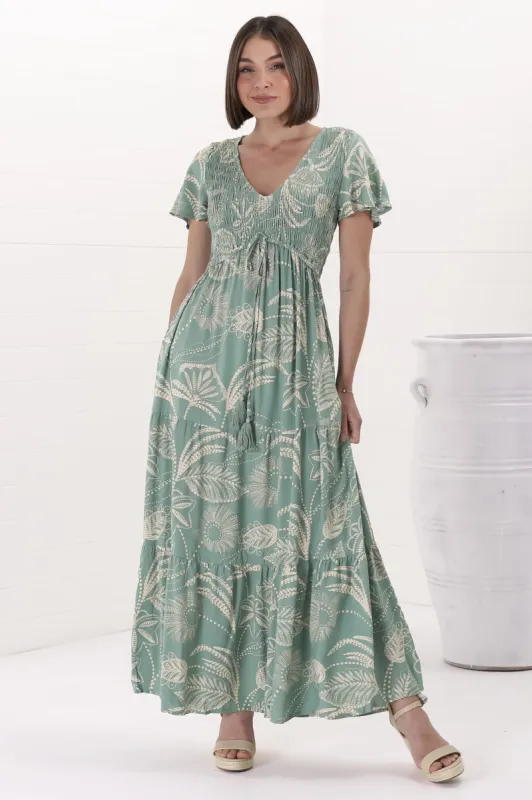 Amaya Maxi Dress - Shirred Cap Sleeve A Line Dress in Havanna Print Green sold by Salty Crush