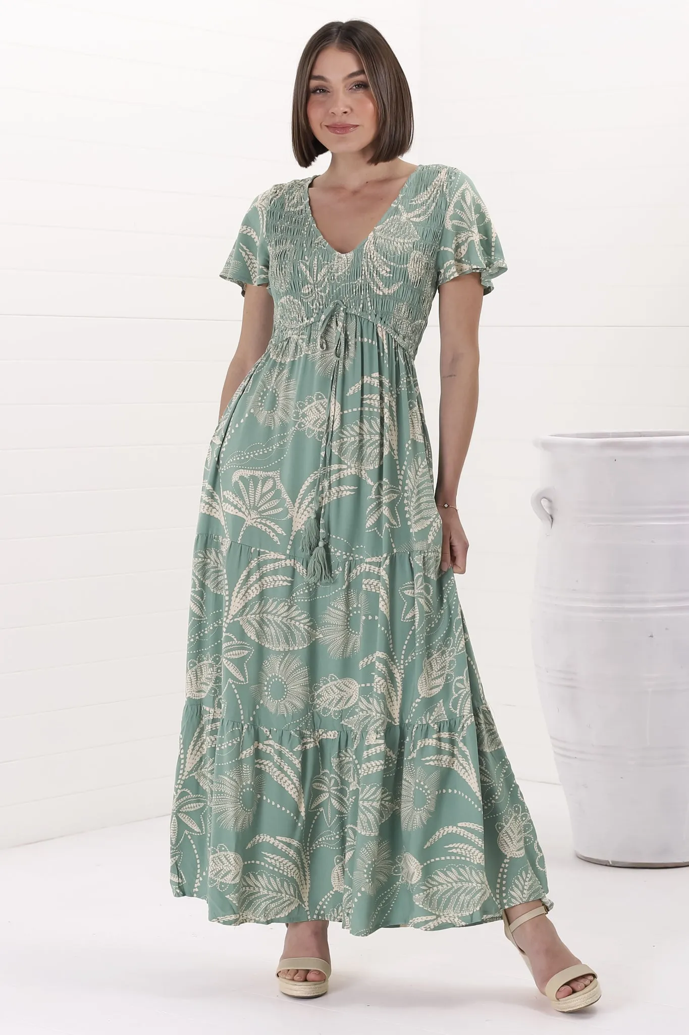 Amaya Maxi Dress - Shirred Cap Sleeve A Line Dress in Havanna Print Green sold by Salty Crush