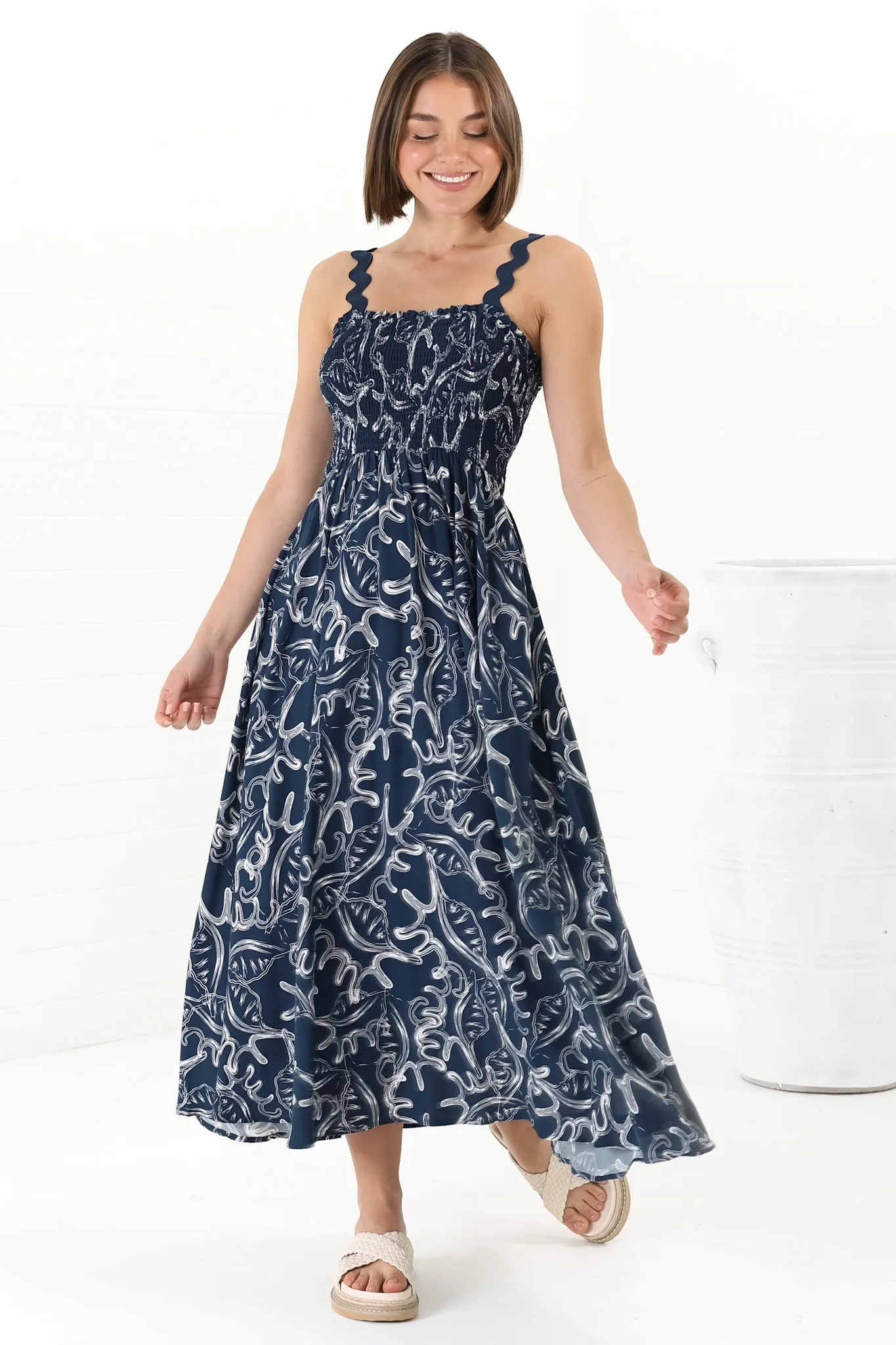 Mel Midi Dress - Rick Rack Strap Elasticated Bodice Sun Dress in Sanaz Print Navy sold by Salty Crush product image thumbnail 4