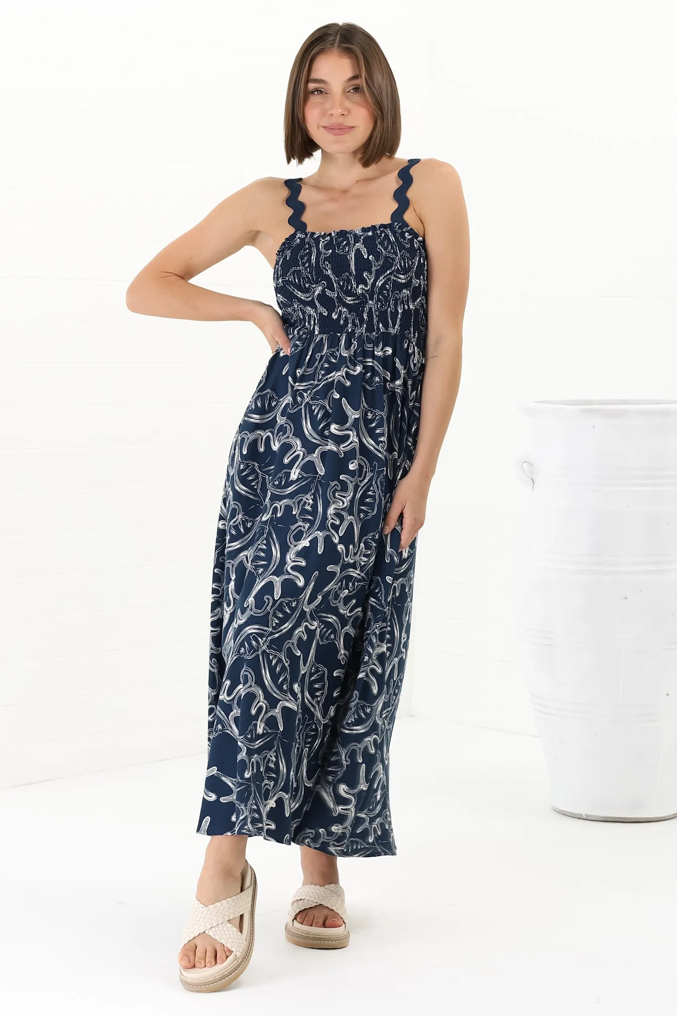Mel Midi Dress - Rick Rack Strap Elasticated Bodice Sun Dress in Sanaz Print Navy sold by Salty Crush product image thumbnail 3