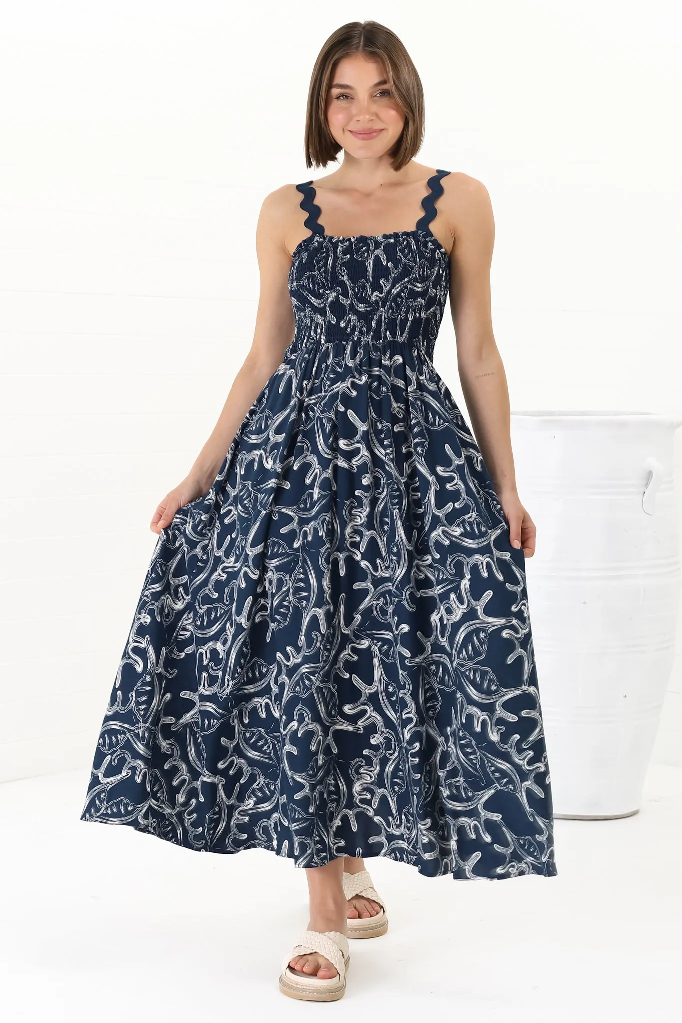 Mel Midi Dress - Rick Rack Strap Elasticated Bodice Sun Dress in Sanaz Print Navy sold by Salty Crush product image thumbnail 2