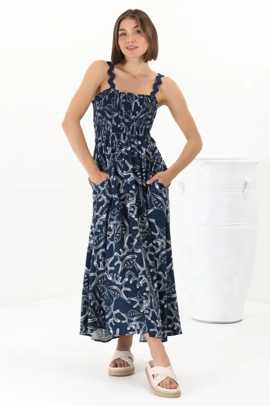 Mel Midi Dress - Rick Rack Strap Elasticated Bodice Sun Dress in Sanaz Print Navy sold by Salty Crush