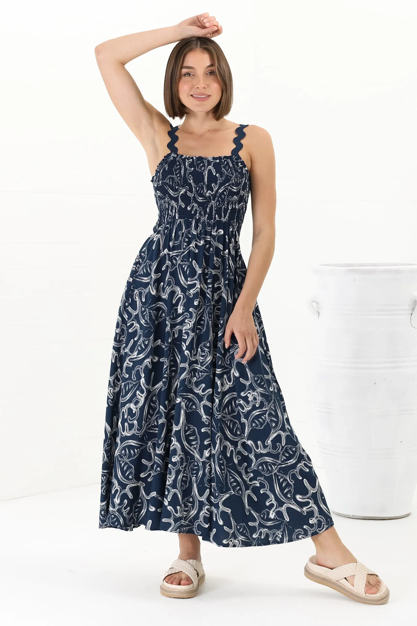 Mel Midi Dress - Rick Rack Strap Elasticated Bodice Sun Dress in Sanaz Print Navy sold by Salty Crush product image thumbnail 5
