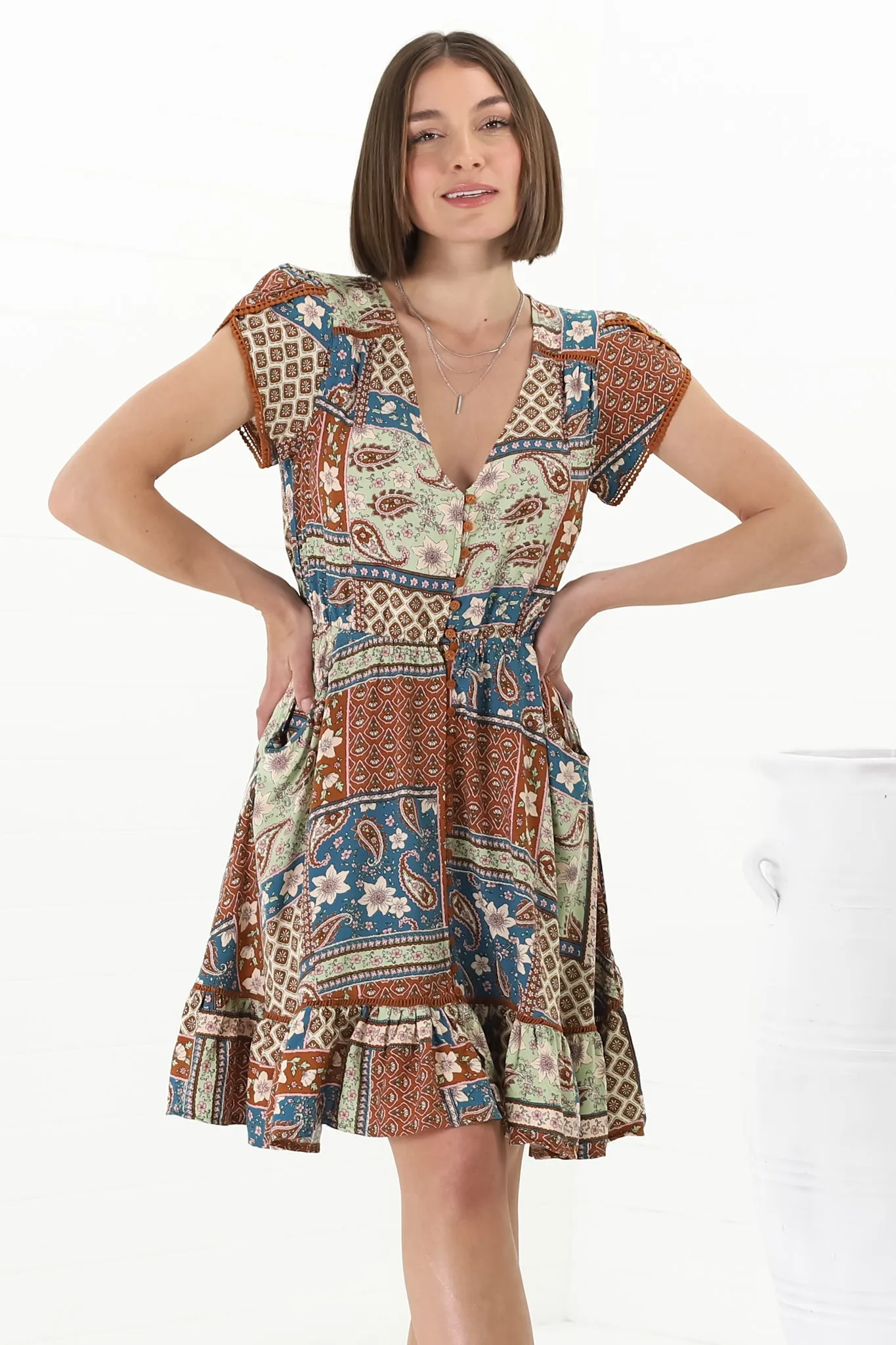 JAASE - Lizzie Mini Dress: Butterfly Cap Sleeve Button Down Dress with Pockets in Izabelle Print sold by Salty Crush product image thumbnail 2