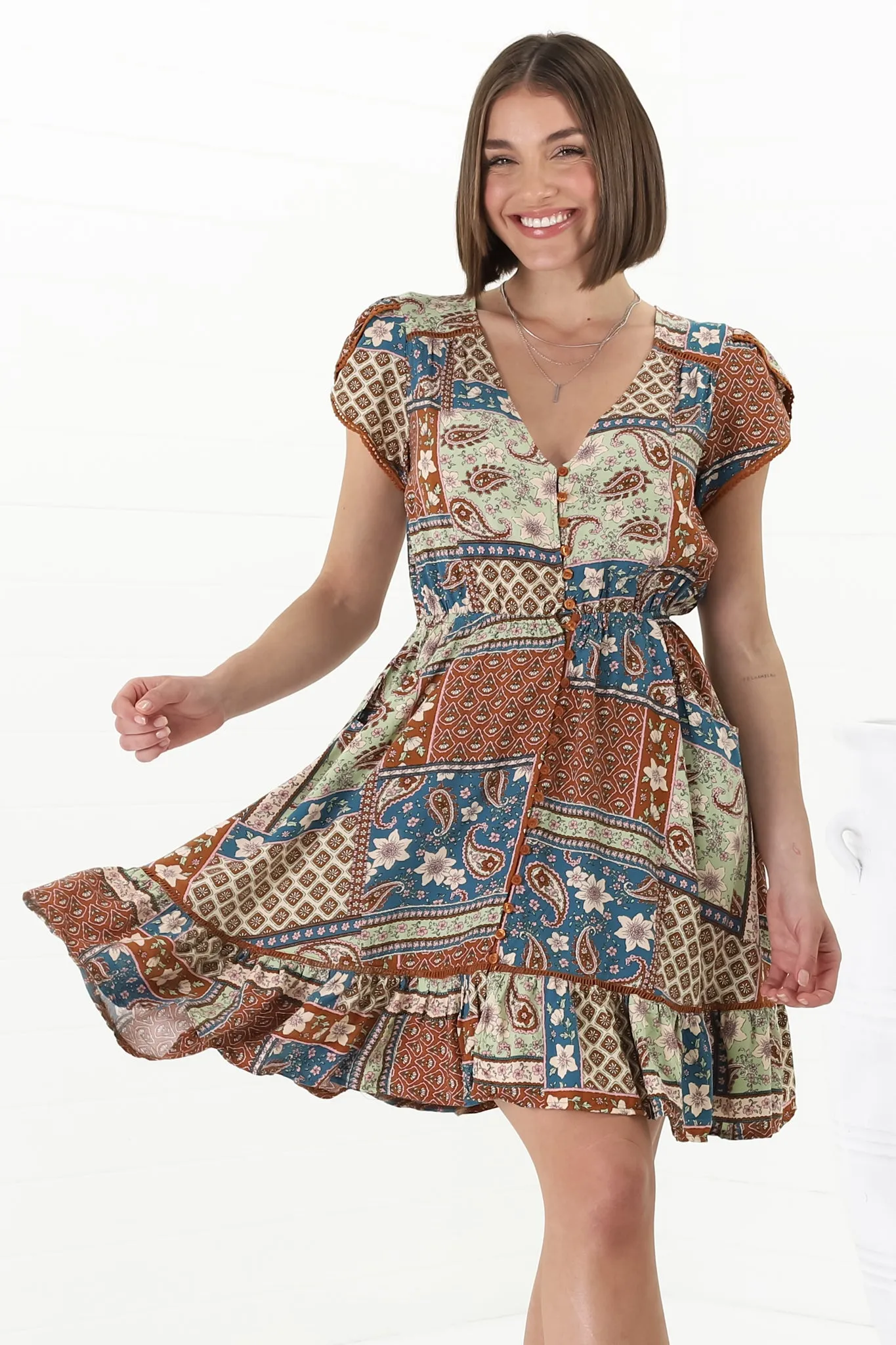 JAASE - Lizzie Mini Dress: Butterfly Cap Sleeve Button Down Dress with Pockets in Izabelle Print sold by Salty Crush product image thumbnail 3
