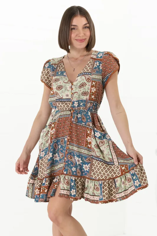 JAASE - Lizzie Mini Dress: Butterfly Cap Sleeve Button Down Dress with Pockets in Izabelle Print sold by Salty Crush