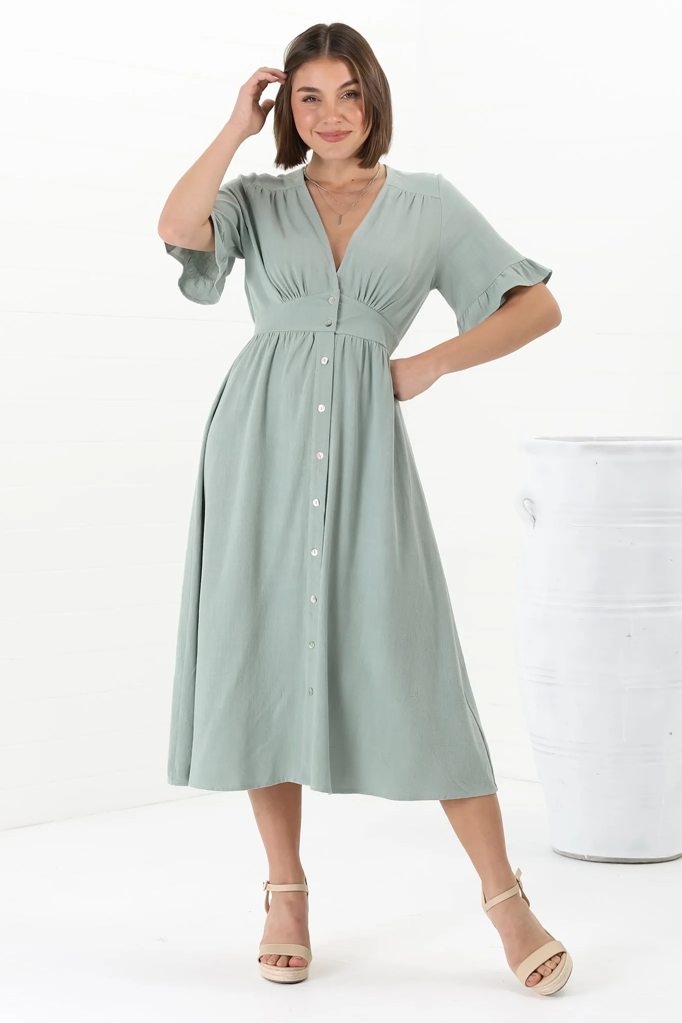 Rizelda Midi Dress - V Neck Button Through Dress with Bell Sleeves in Sage sold by Salty Crush