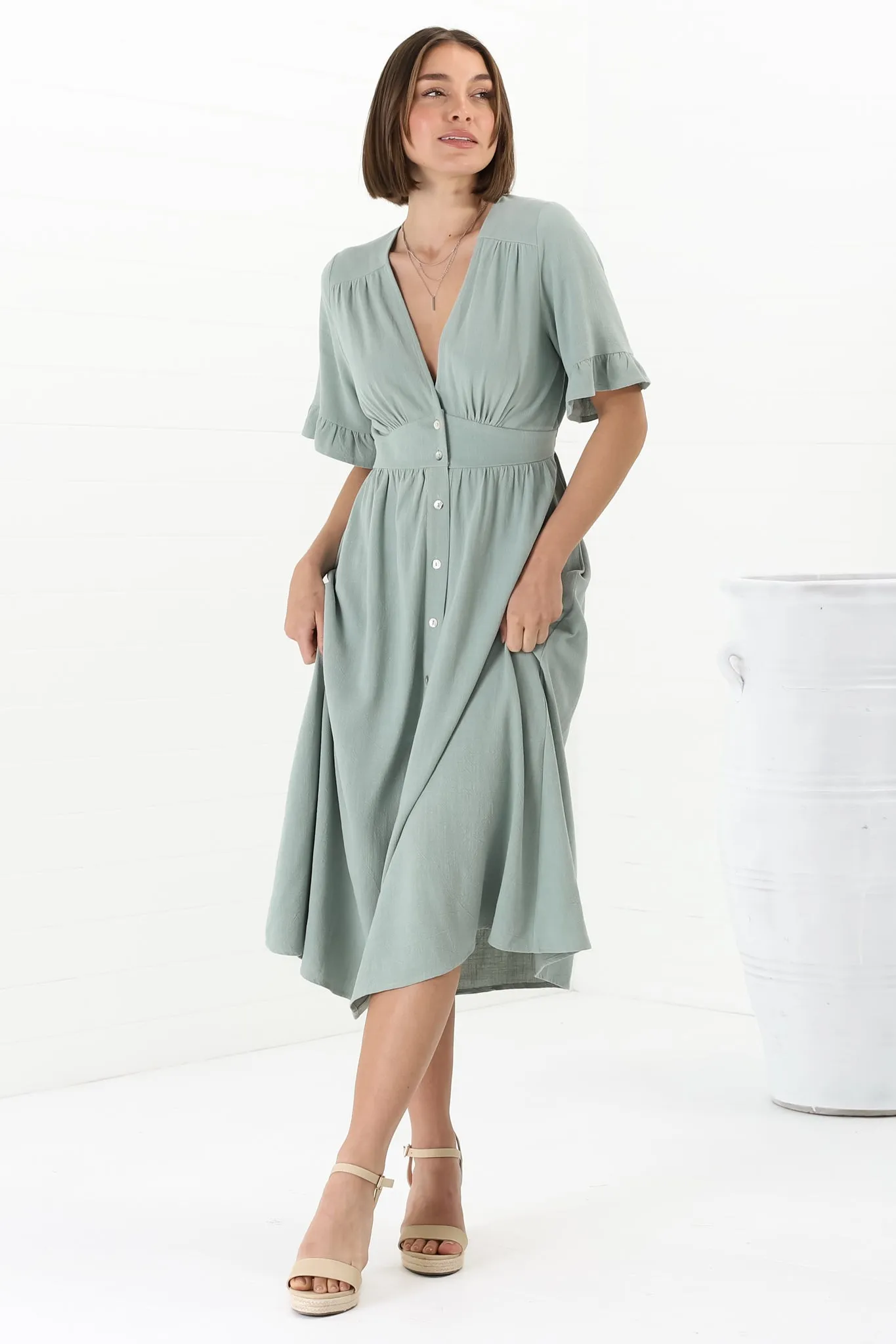 Rizelda Midi Dress - V Neck Button Through Dress with Bell Sleeves in Sage sold by Salty Crush product image thumbnail 2