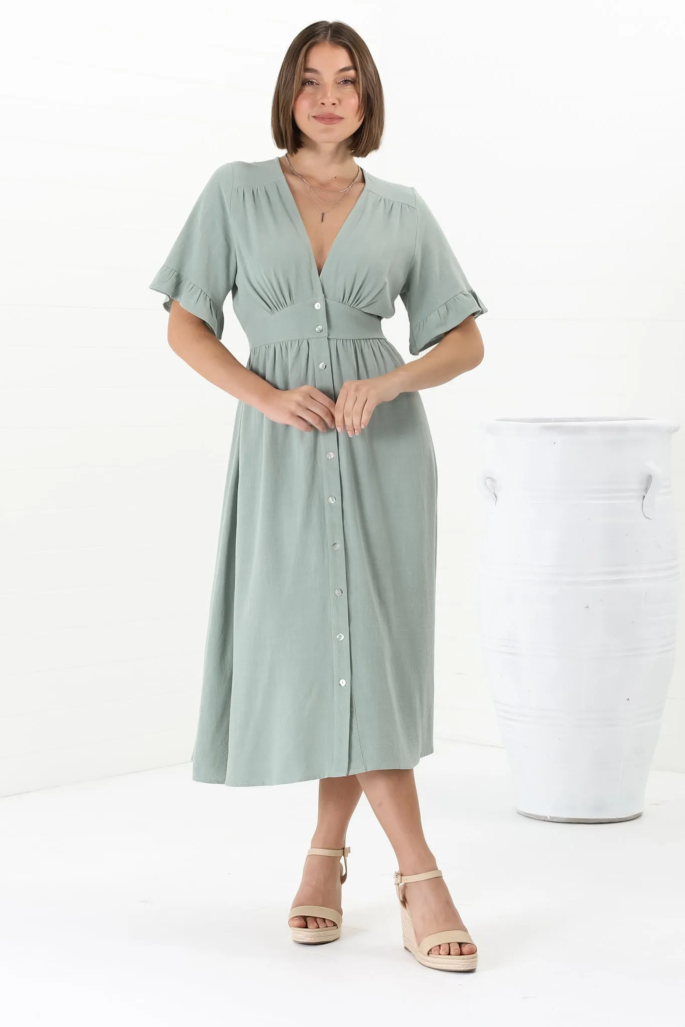 Rizelda Midi Dress - V Neck Button Through Dress with Bell Sleeves in Sage sold by Salty Crush product image thumbnail 5
