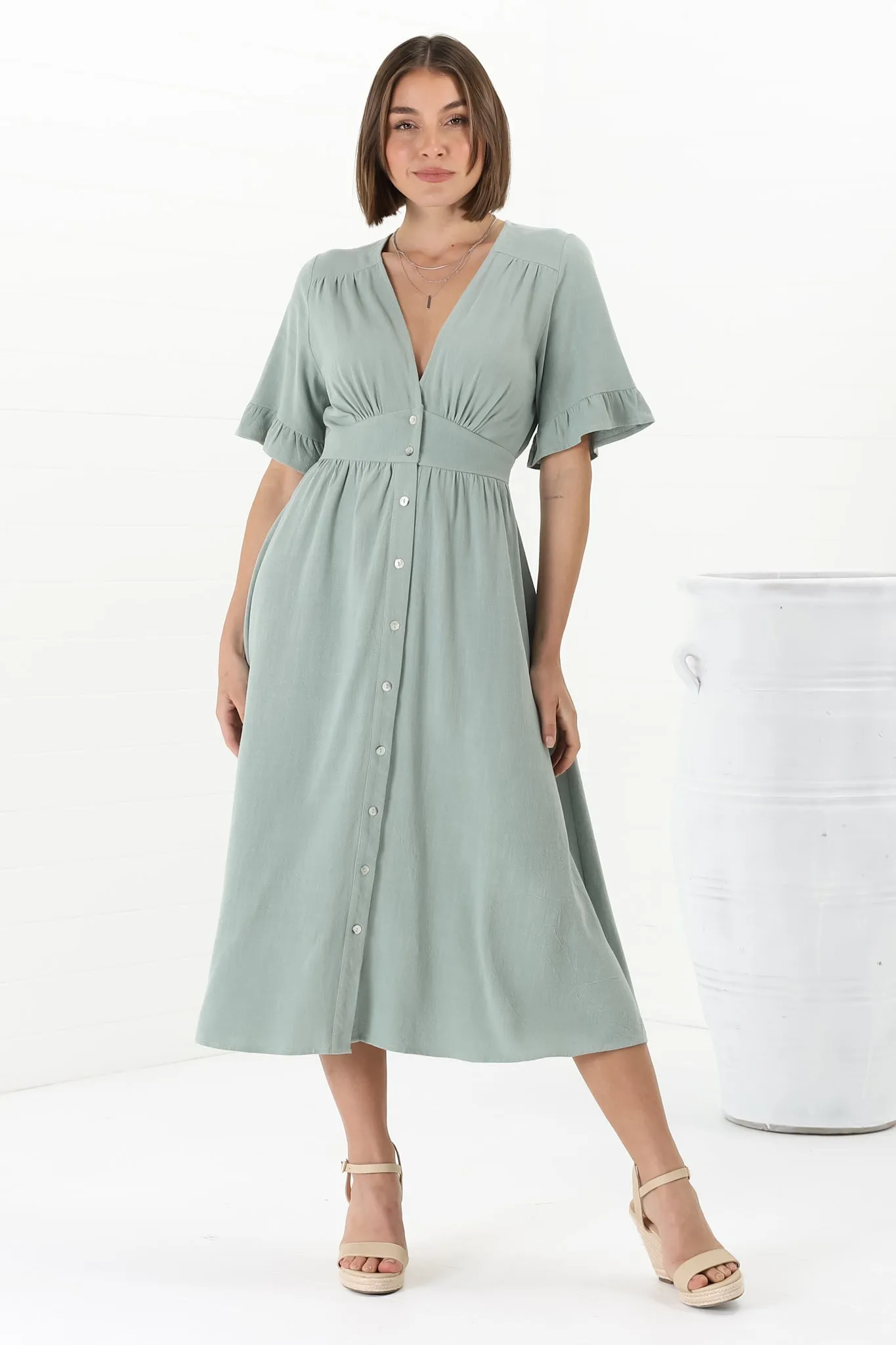 Rizelda Midi Dress - V Neck Button Through Dress with Bell Sleeves in Sage sold by Salty Crush product image thumbnail 3
