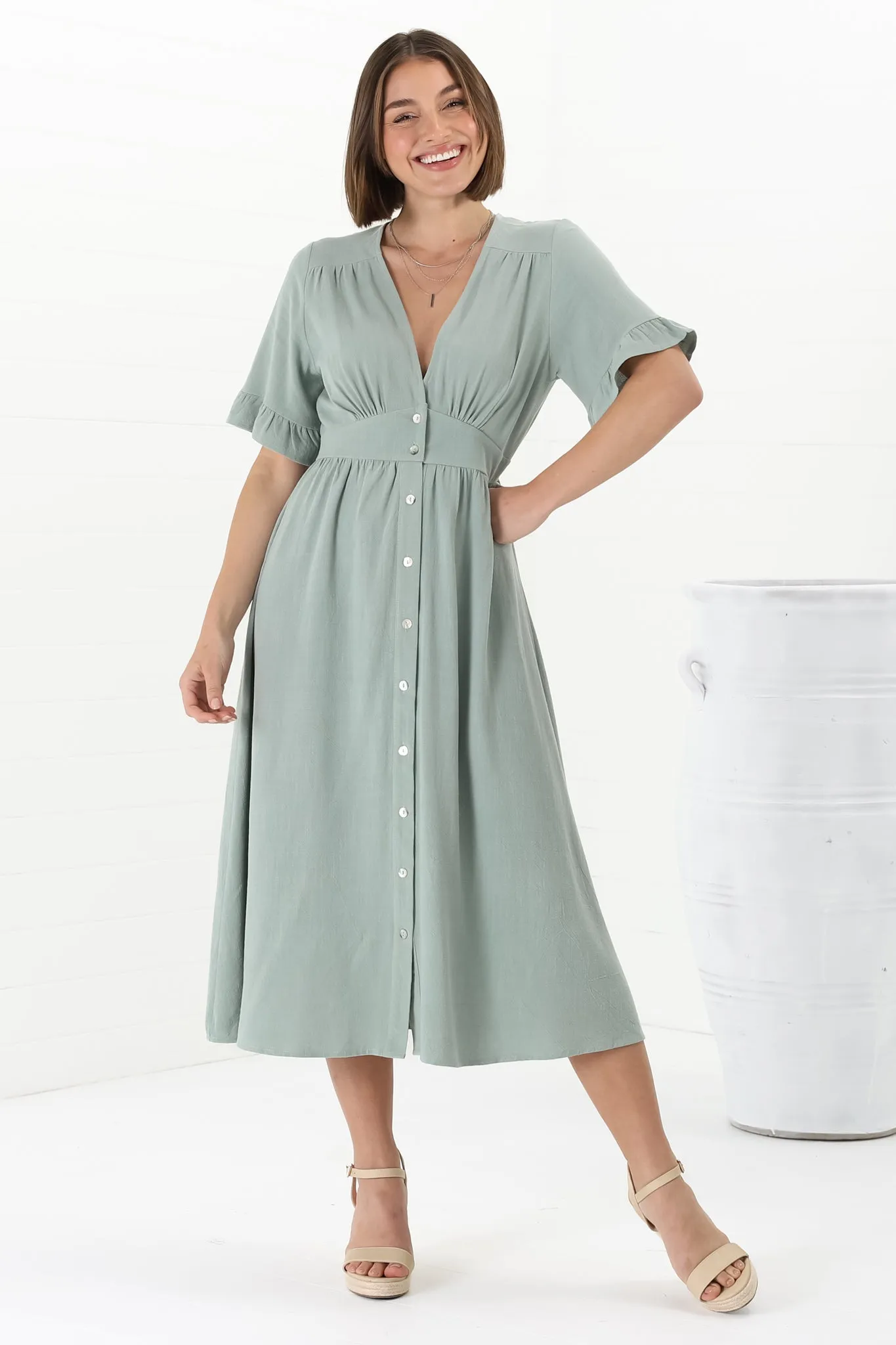 Rizelda Midi Dress - V Neck Button Through Dress with Bell Sleeves in Sage sold by Salty Crush product image thumbnail 4
