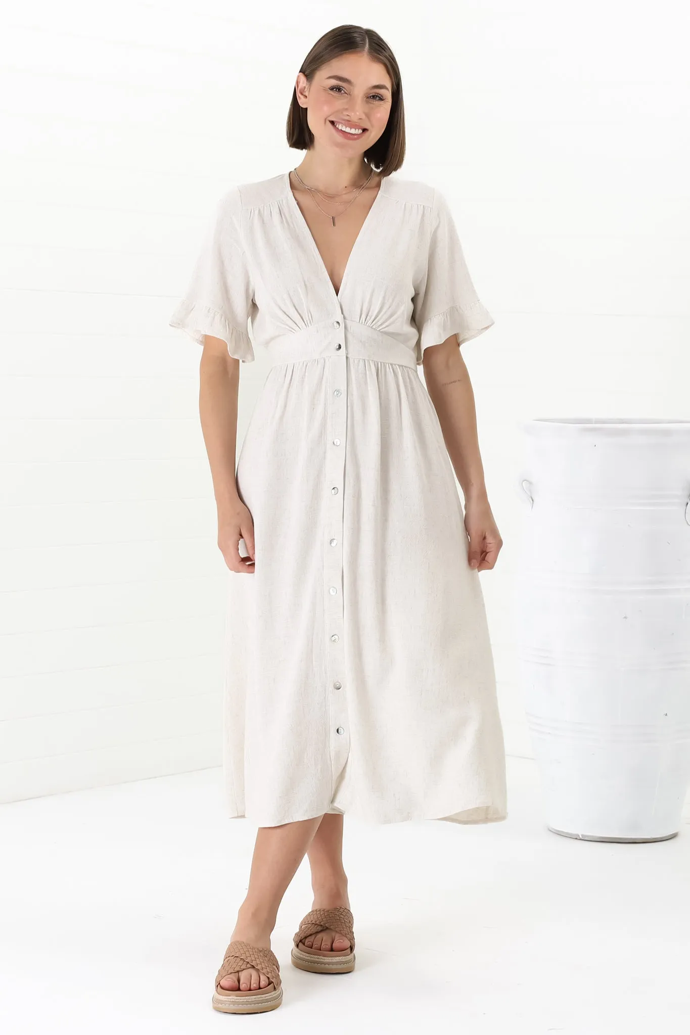 Rizelda Midi Dress - V Neck Button Through Dress with Bell Sleeves in Oat sold by Salty Crush product image thumbnail 4