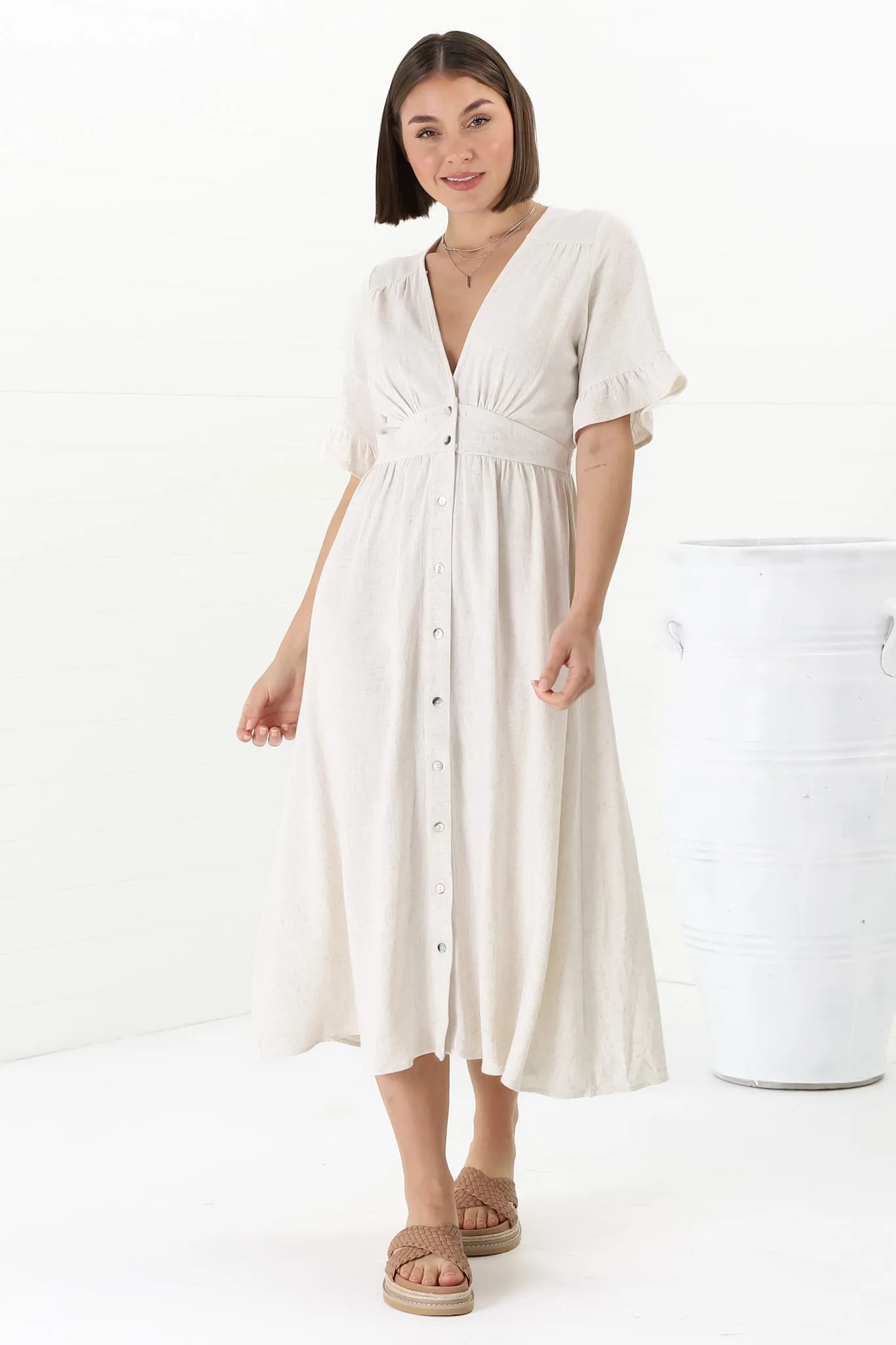 Rizelda Midi Dress - V Neck Button Through Dress with Bell Sleeves in Oat sold by Salty Crush product image thumbnail 2