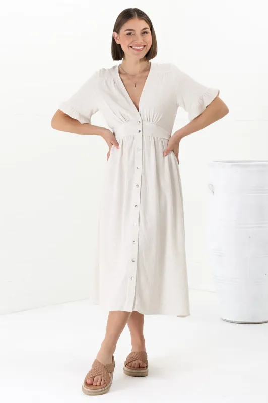 Rizelda Midi Dress - V Neck Button Through Dress with Bell Sleeves in Oat sold by Salty Crush