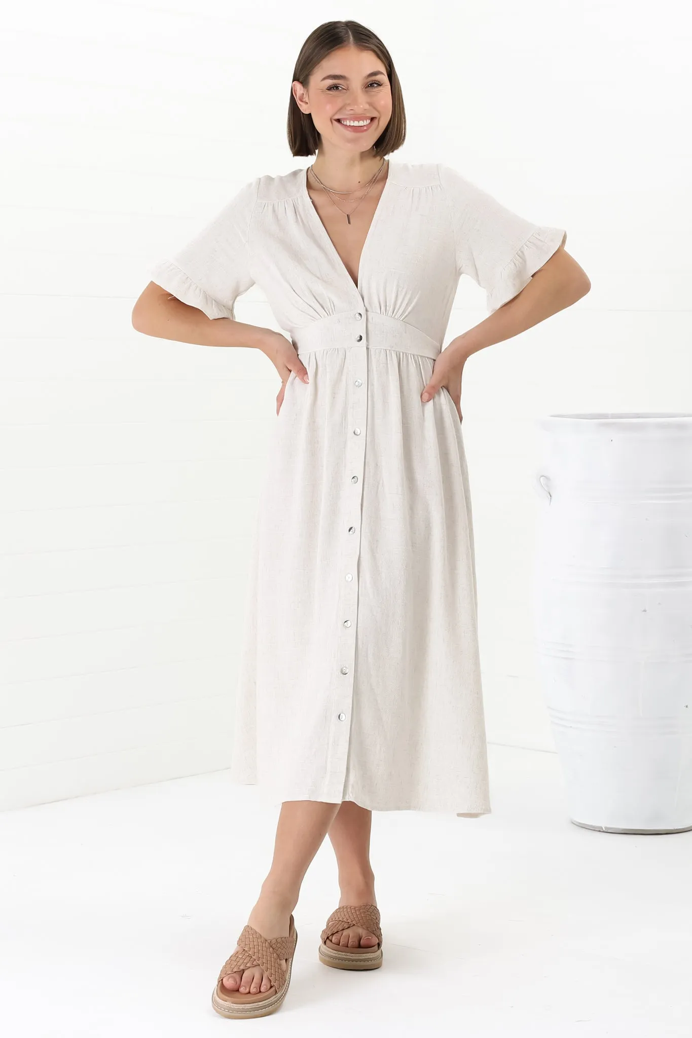 Rizelda Midi Dress - V Neck Button Through Dress with Bell Sleeves in Oat sold by Salty Crush