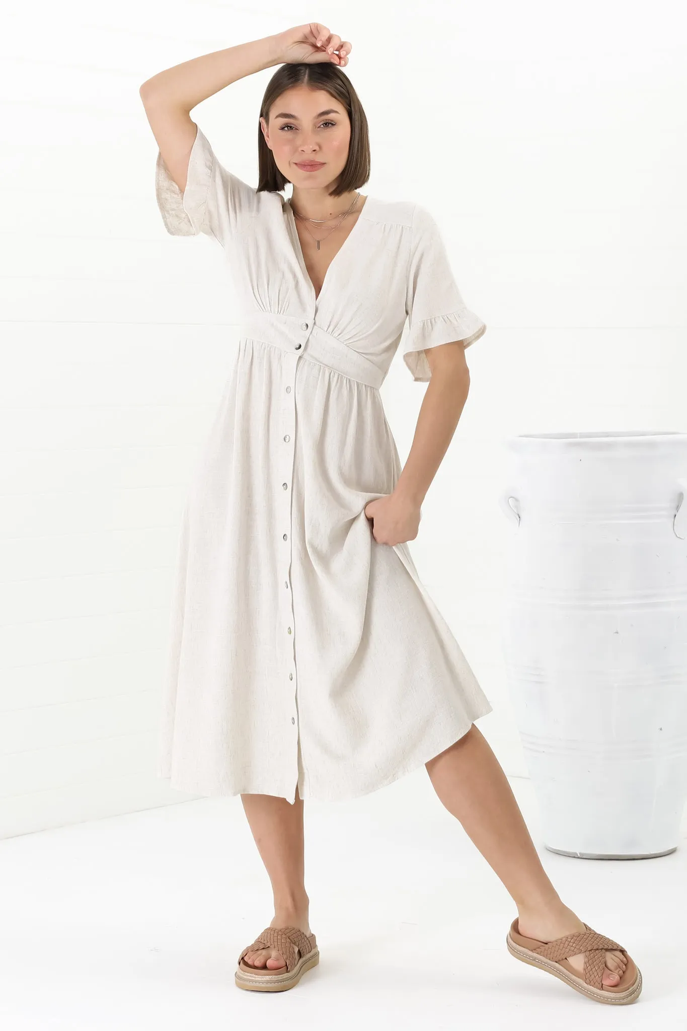 Rizelda Midi Dress - V Neck Button Through Dress with Bell Sleeves in Oat sold by Salty Crush product image thumbnail 3