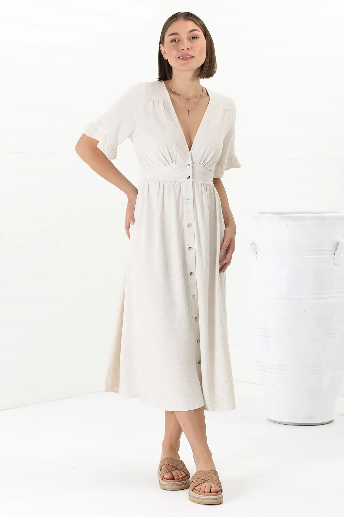 Rizelda Midi Dress - V Neck Button Through Dress with Bell Sleeves in Oat sold by Salty Crush product image thumbnail 5