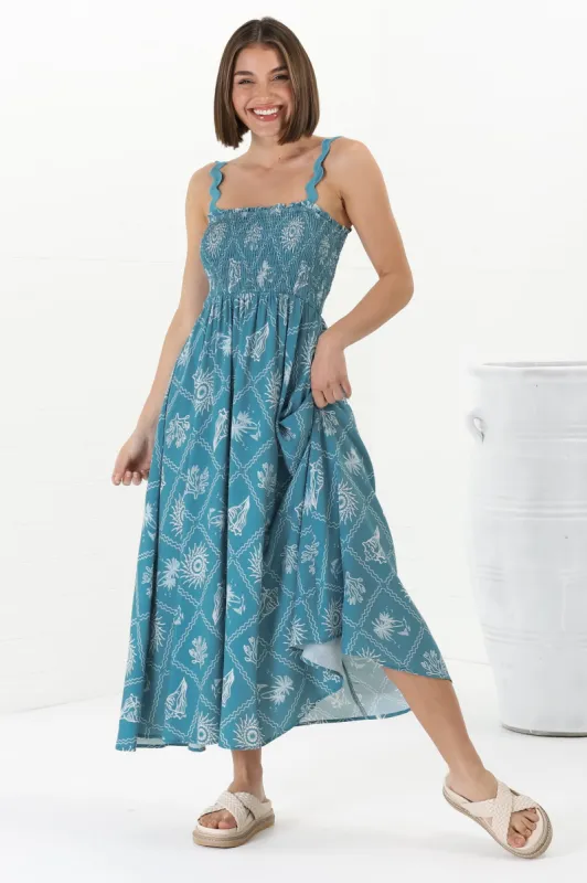 Mel Midi Dress - Rick Rack Strap Elasticated Bodice Sun Dress in Kalah Print Blue sold by Salty Crush