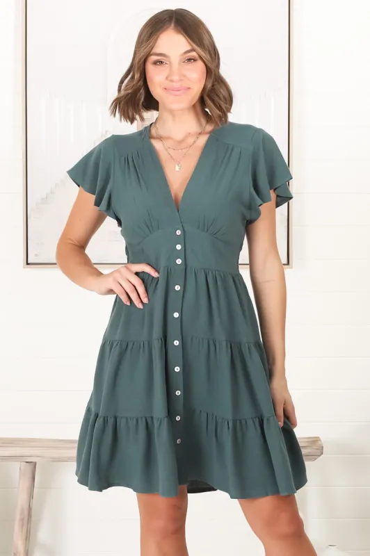 Amy Mini Dress - Frill Cap Sleeve Button Down V Neck Dress in Emerald sold by Salty Crush