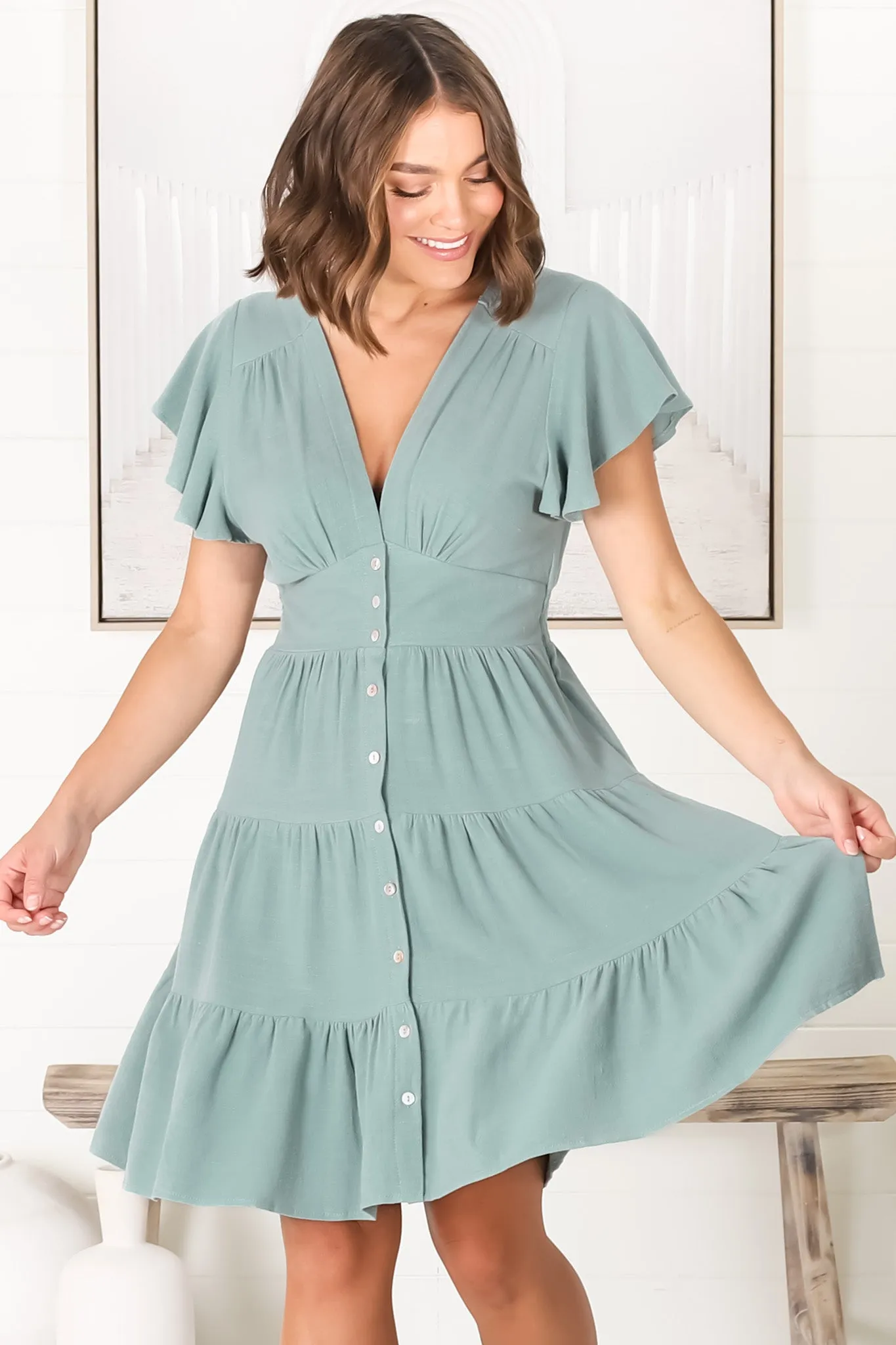 Amy Mini Dress - Frill Cap Sleeve Button Down V Neck Dress in Sage sold by Salty Crush product image thumbnail 4