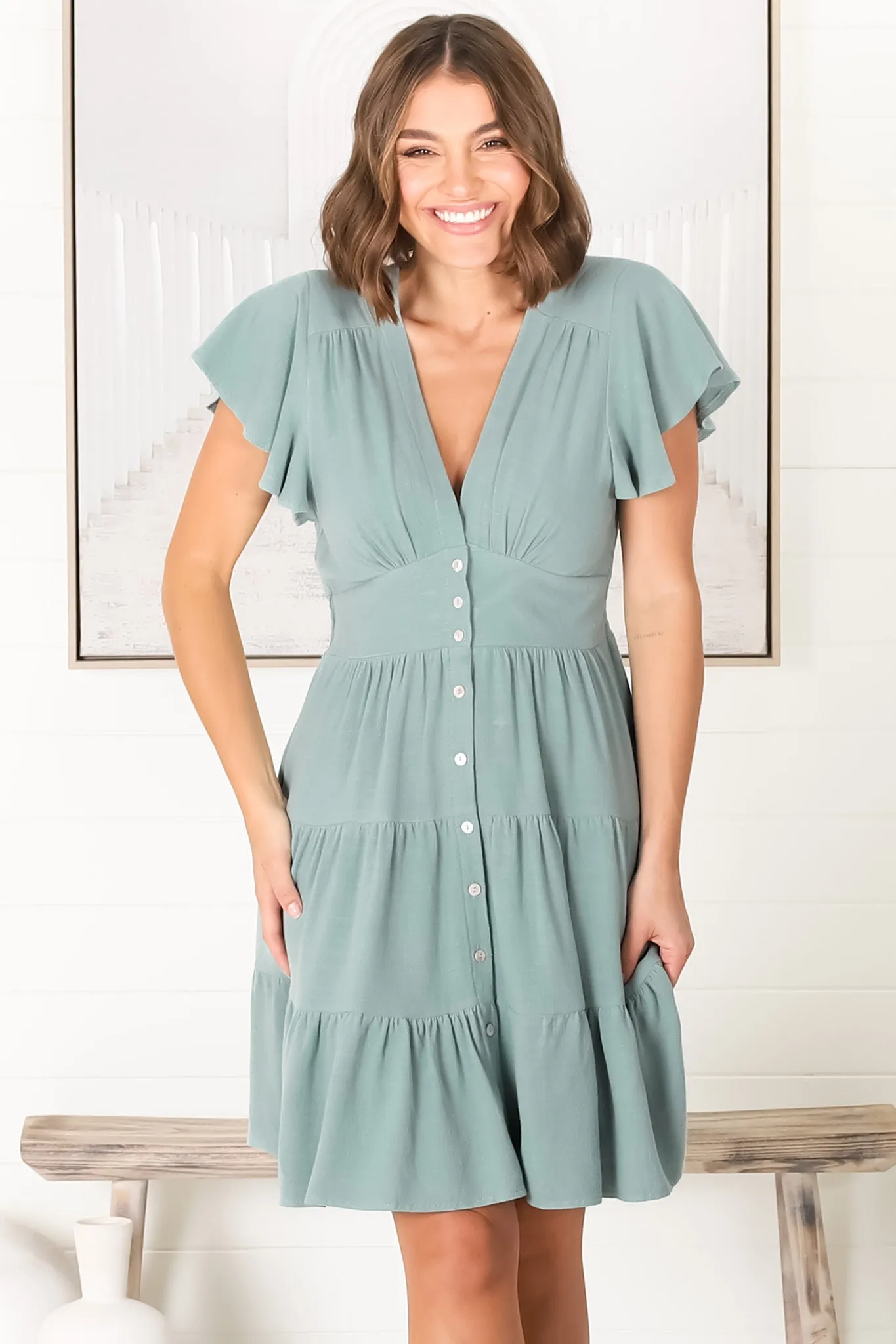Amy Mini Dress - Frill Cap Sleeve Button Down V Neck Dress in Sage sold by Salty Crush product image thumbnail 5