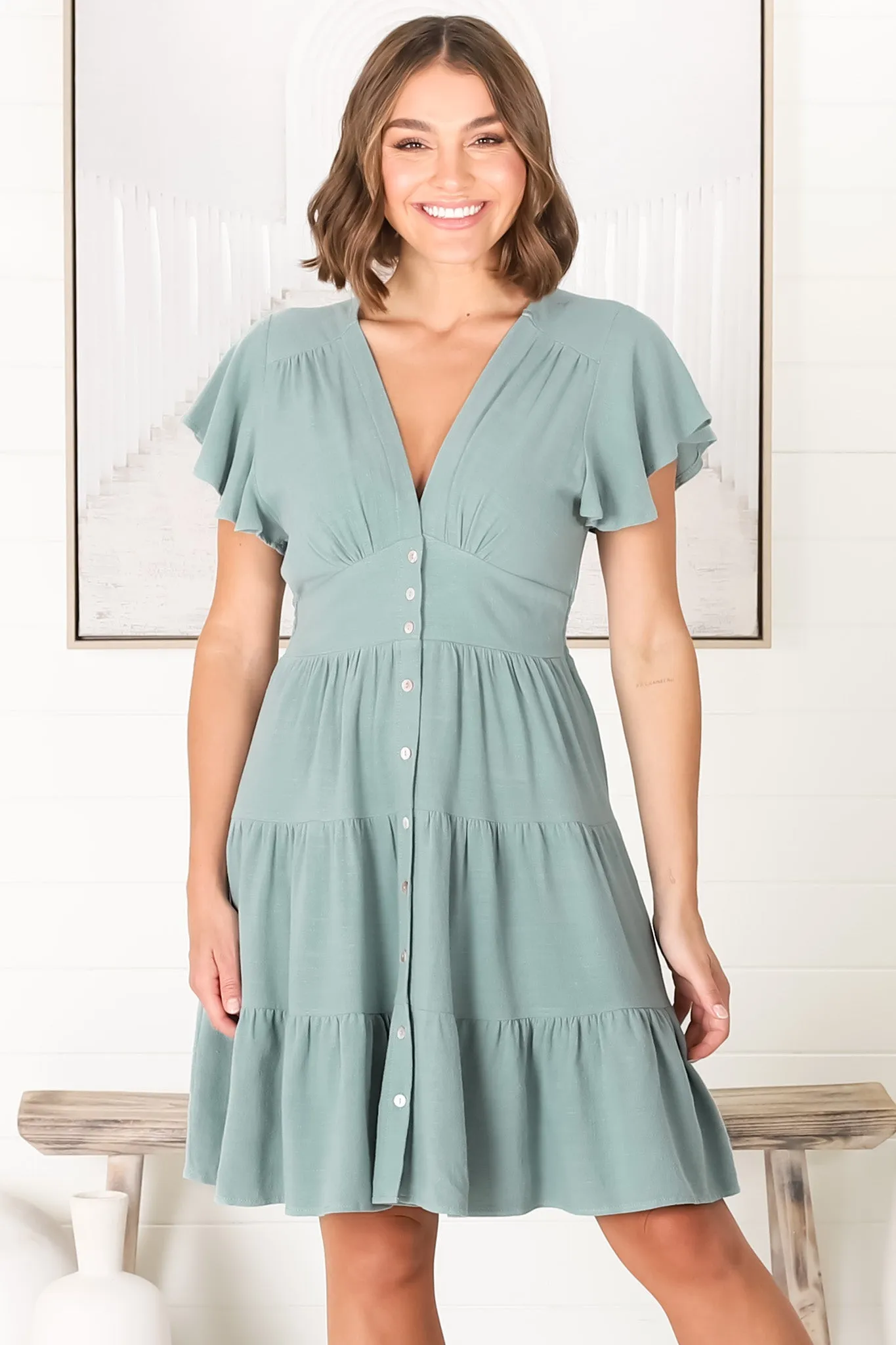 Amy Mini Dress - Frill Cap Sleeve Button Down V Neck Dress in Sage sold by Salty Crush product image thumbnail 2