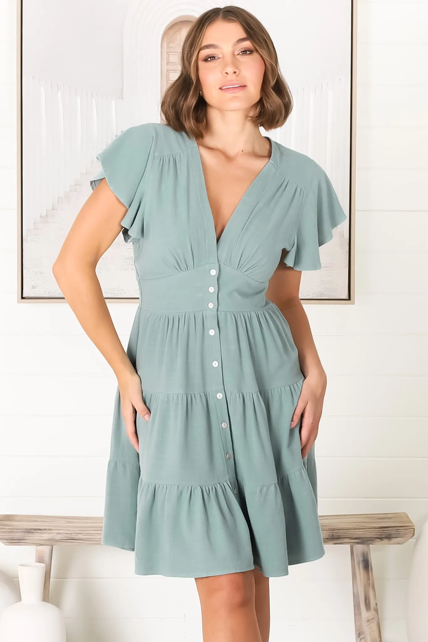 Amy Mini Dress - Frill Cap Sleeve Button Down V Neck Dress in Sage sold by Salty Crush product image thumbnail 3