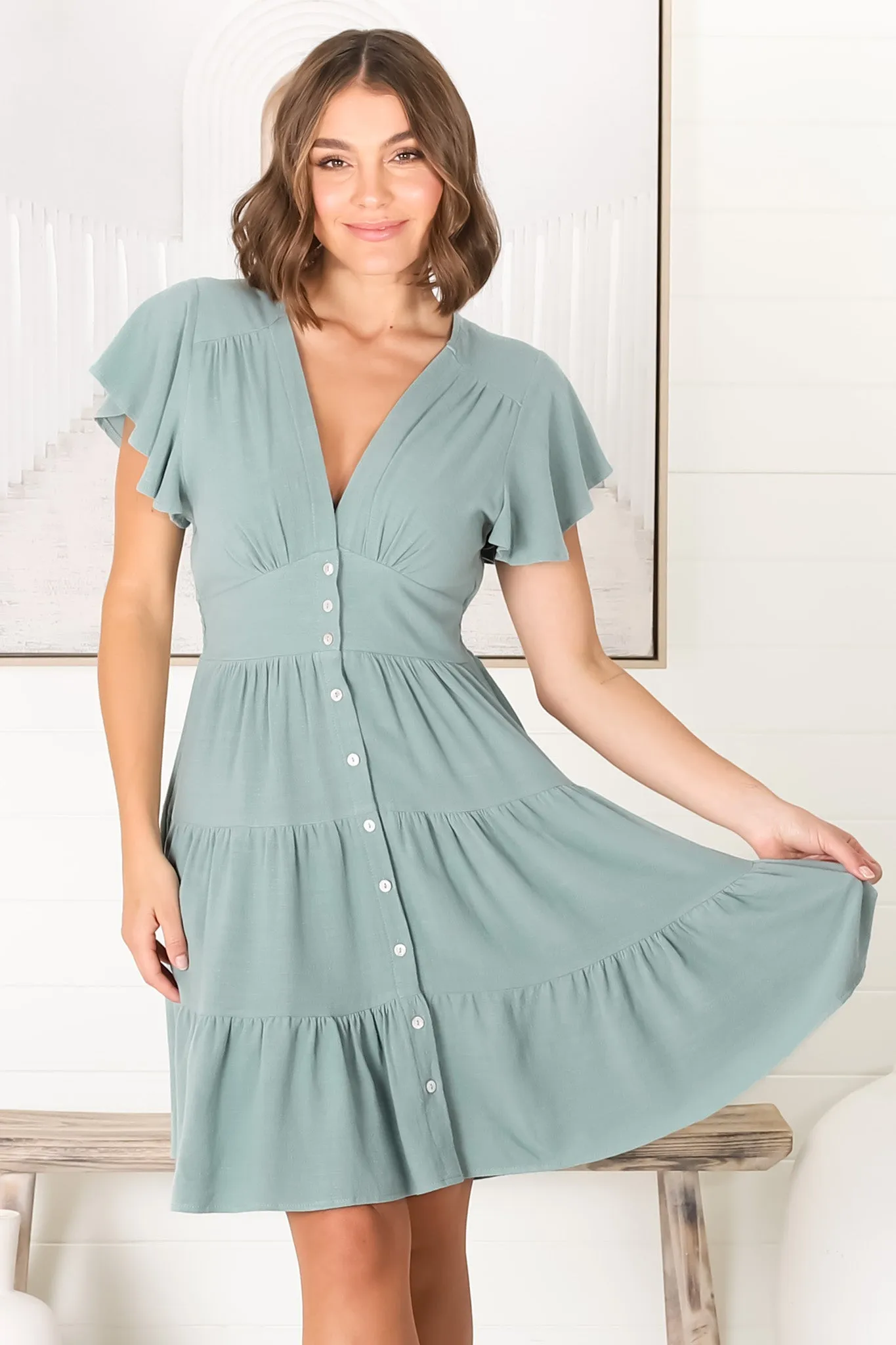 Amy Mini Dress - Frill Cap Sleeve Button Down V Neck Dress in Sage sold by Salty Crush