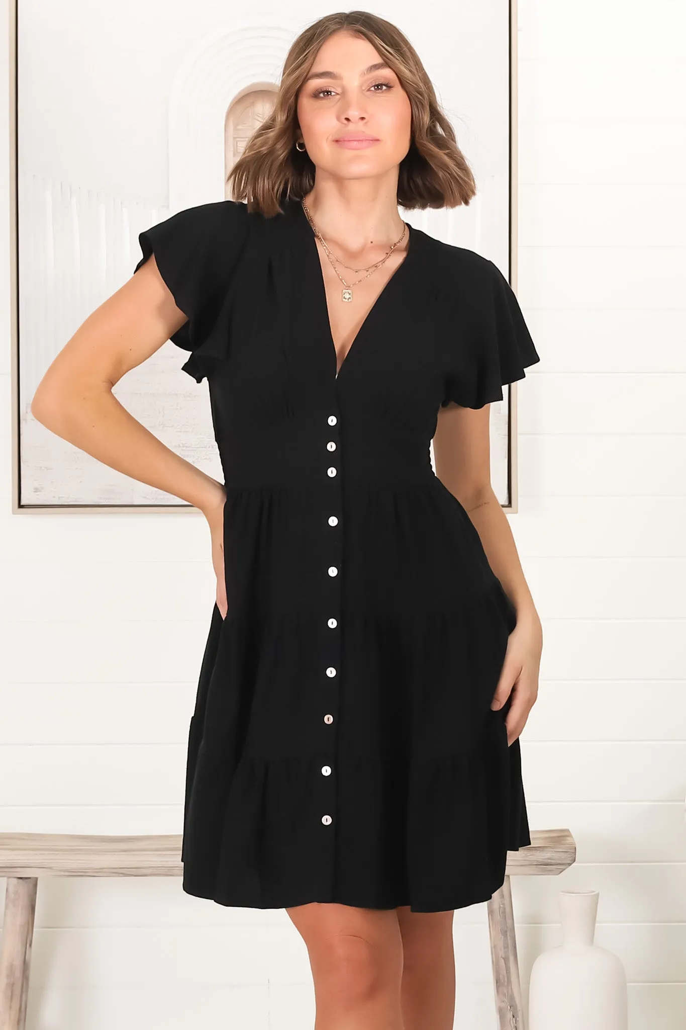 Amy Mini Dress - Frill Cap Sleeve Button Down V Neck Dress in Black sold by Salty Crush product image thumbnail 4
