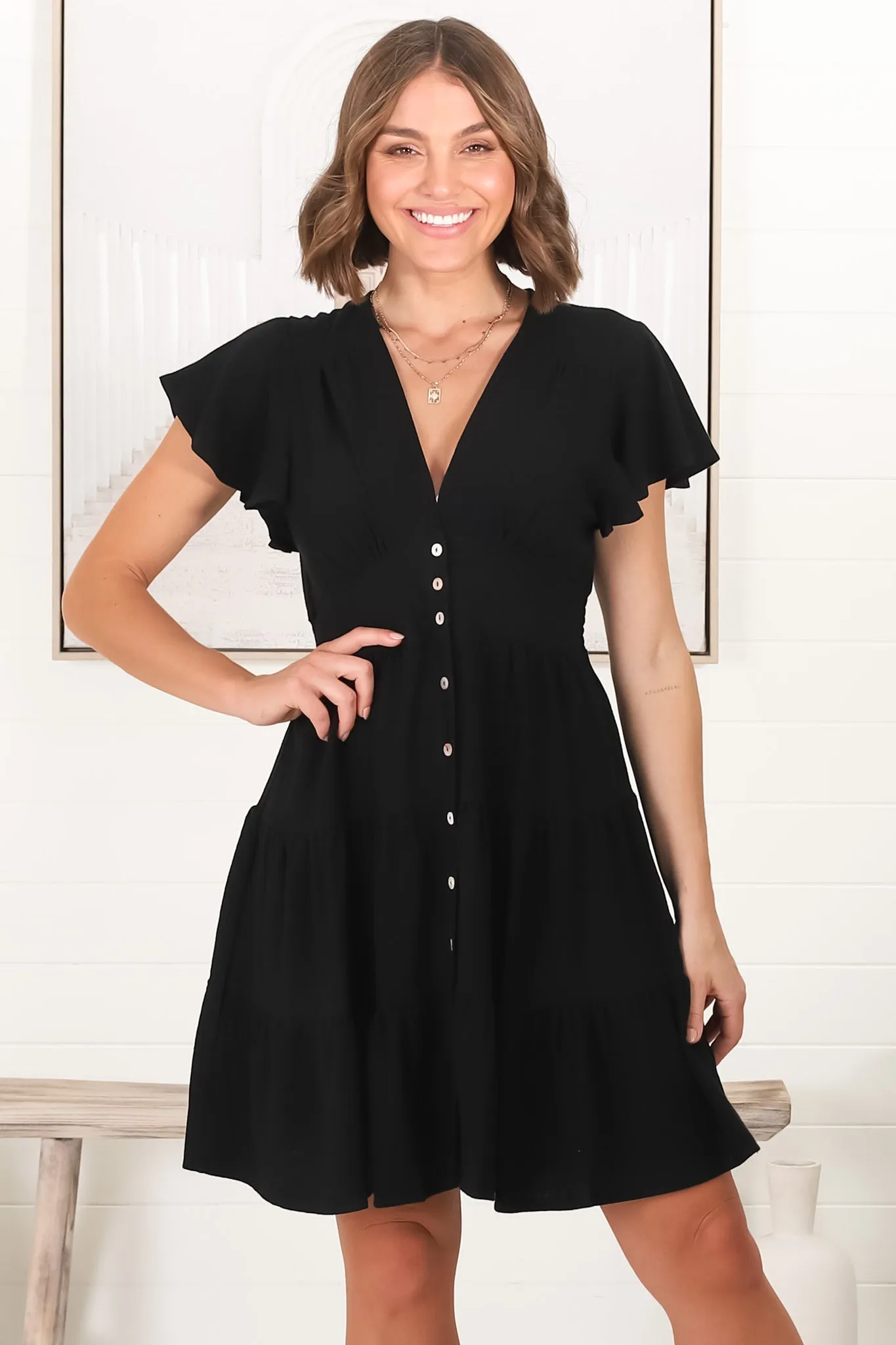 Amy Mini Dress - Frill Cap Sleeve Button Down V Neck Dress in Black sold by Salty Crush