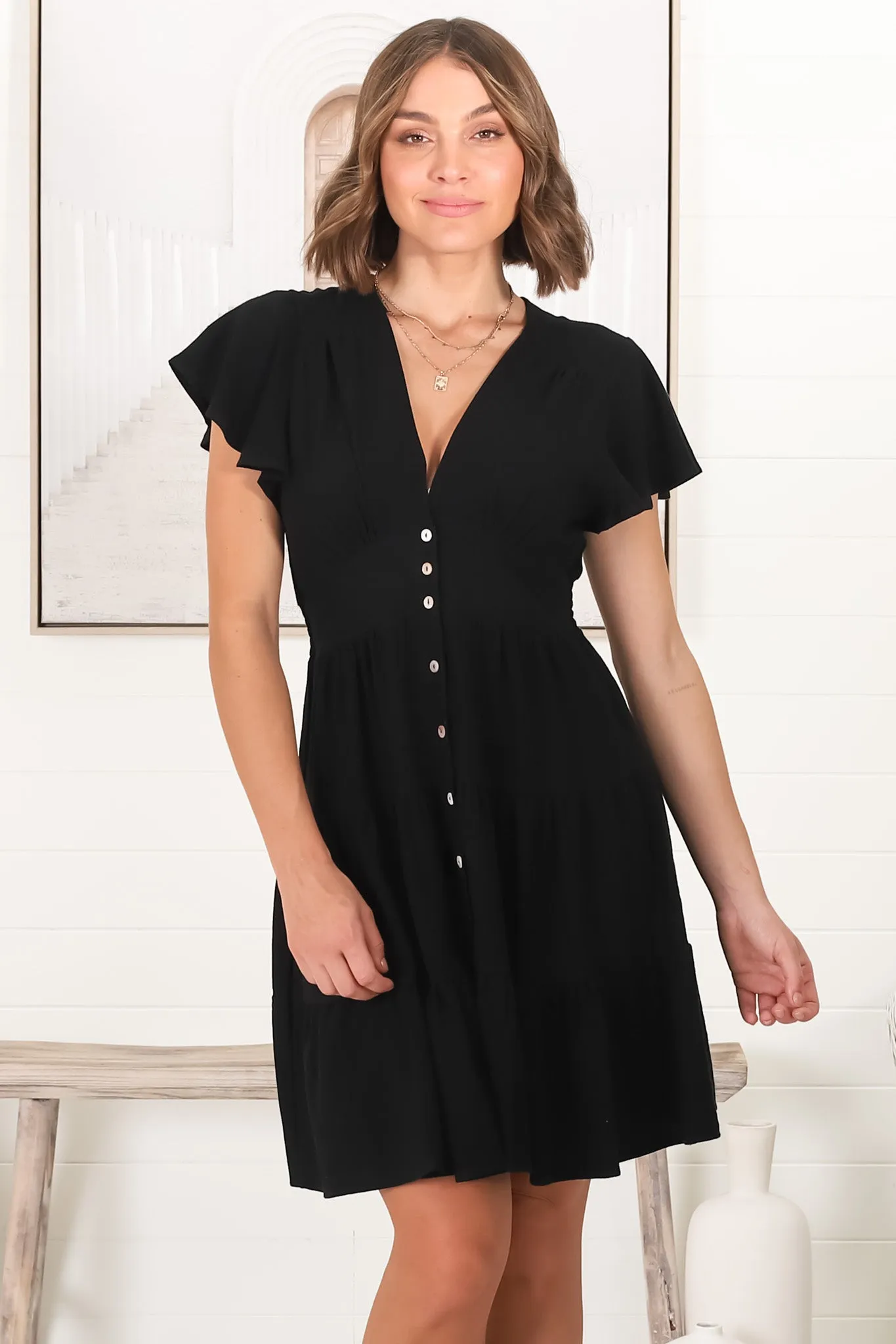 Amy Mini Dress - Frill Cap Sleeve Button Down V Neck Dress in Black sold by Salty Crush product image thumbnail 2