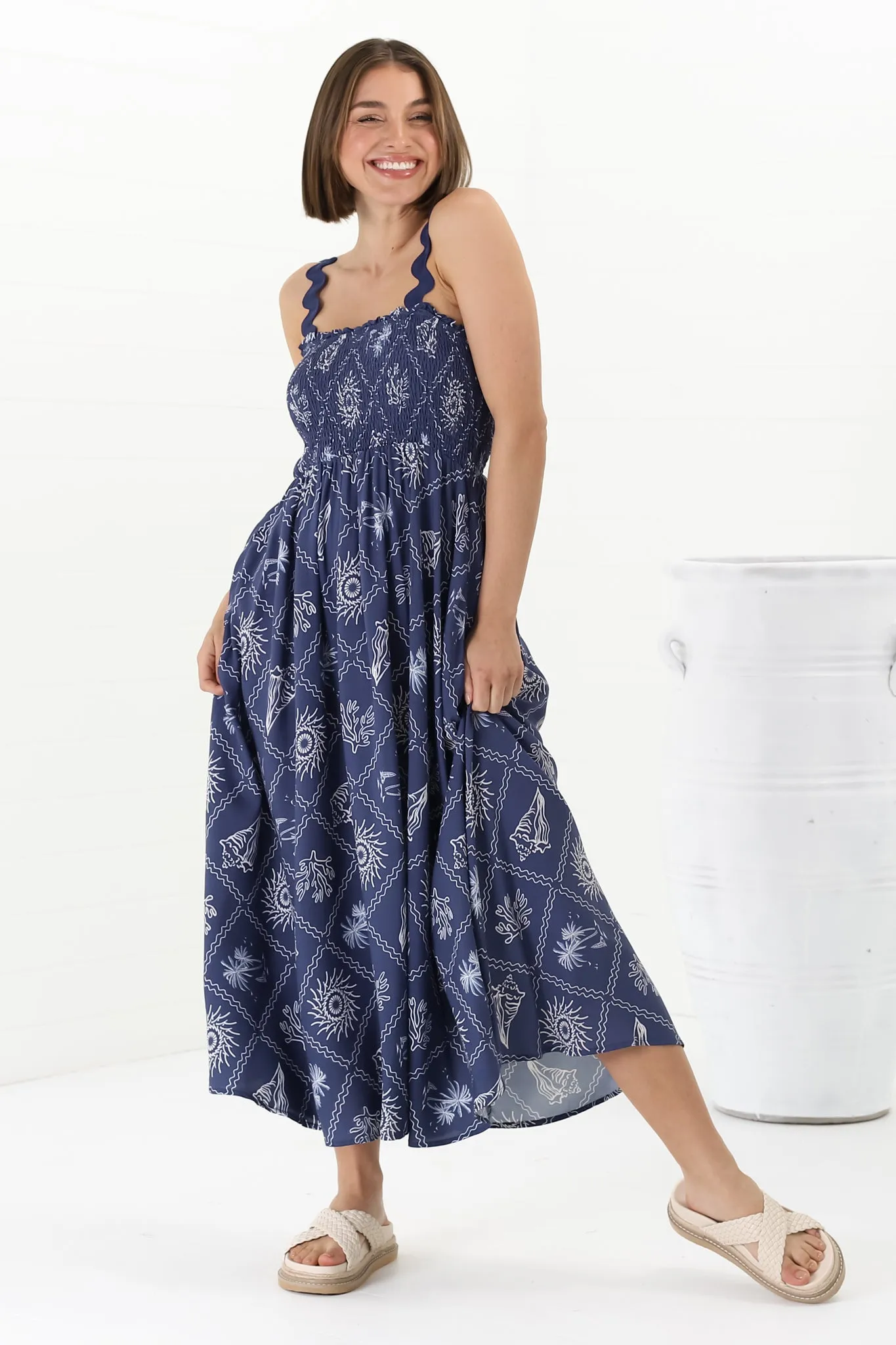 Mel Midi Dress - Rick Rack Strap Elasticated Bodice Sun Dress in Kalah Print Navy sold by Salty Crush product image thumbnail 4