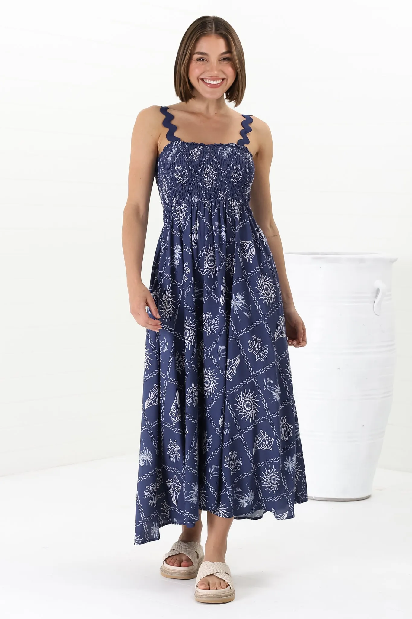 Mel Midi Dress - Rick Rack Strap Elasticated Bodice Sun Dress in Kalah Print Navy sold by Salty Crush