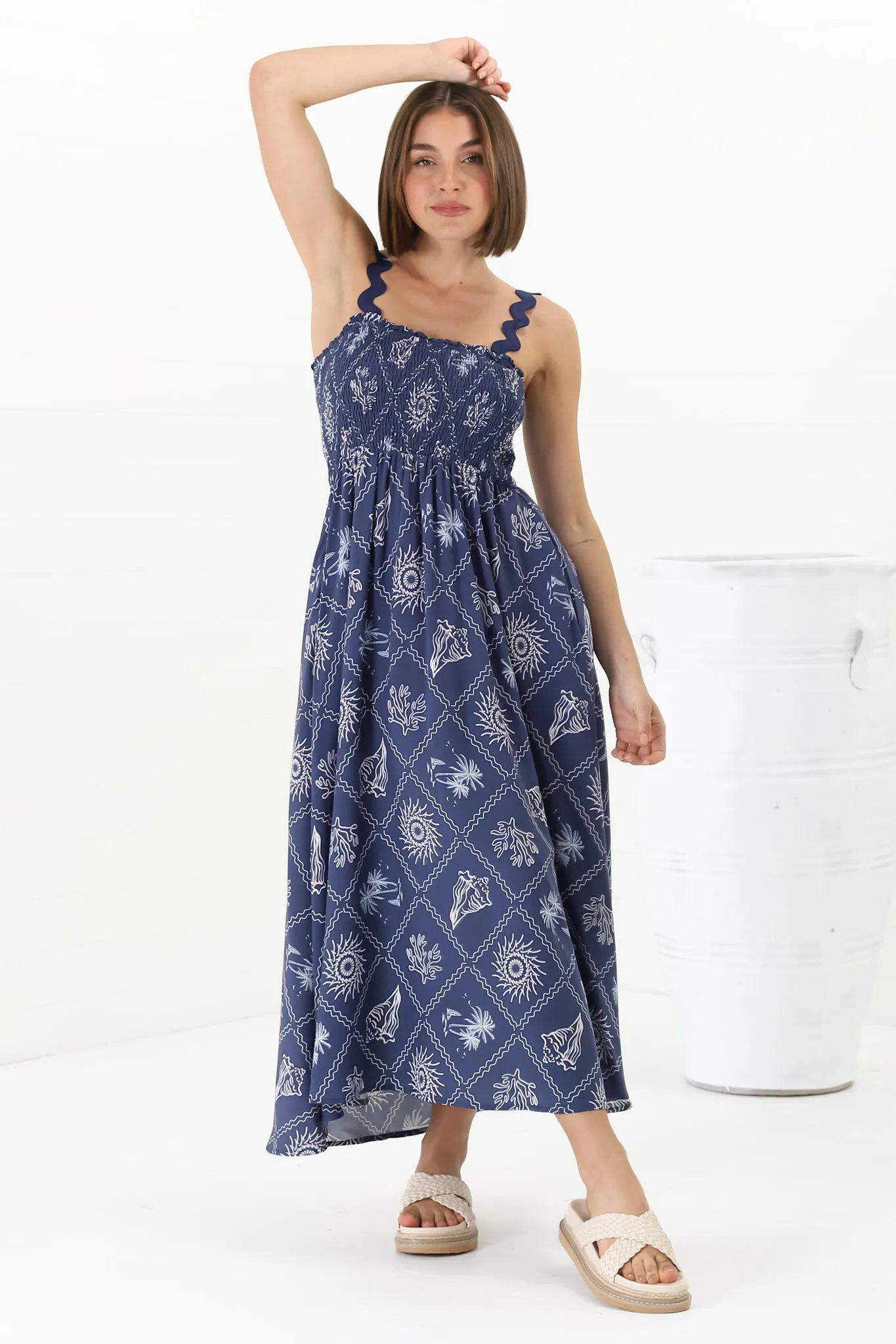 Mel Midi Dress - Rick Rack Strap Elasticated Bodice Sun Dress in Kalah Print Navy sold by Salty Crush product image thumbnail 2