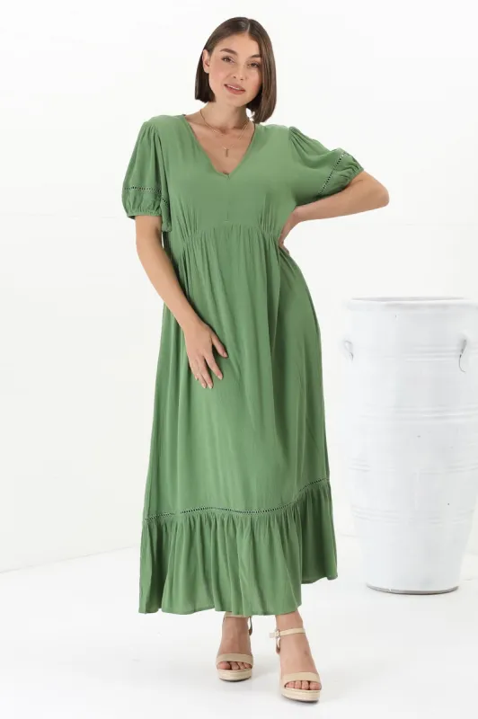 Marin Midi Dress - Hollow-Out Lace Detailed Empire Waist Line Dress in Khaki sold by Salty Crush