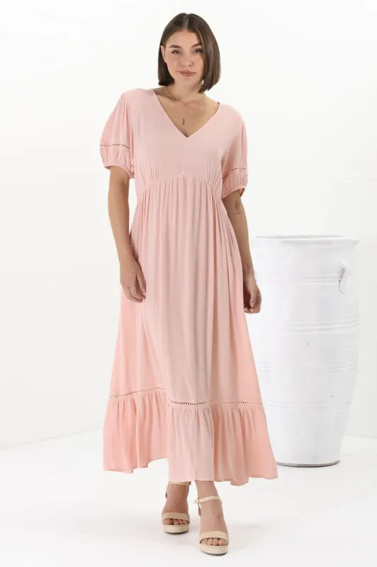 Marin Midi Dress - Hollow-Out Lace Detailed Empire Waist Line Dress in Dusty Pink sold by Salty Crush