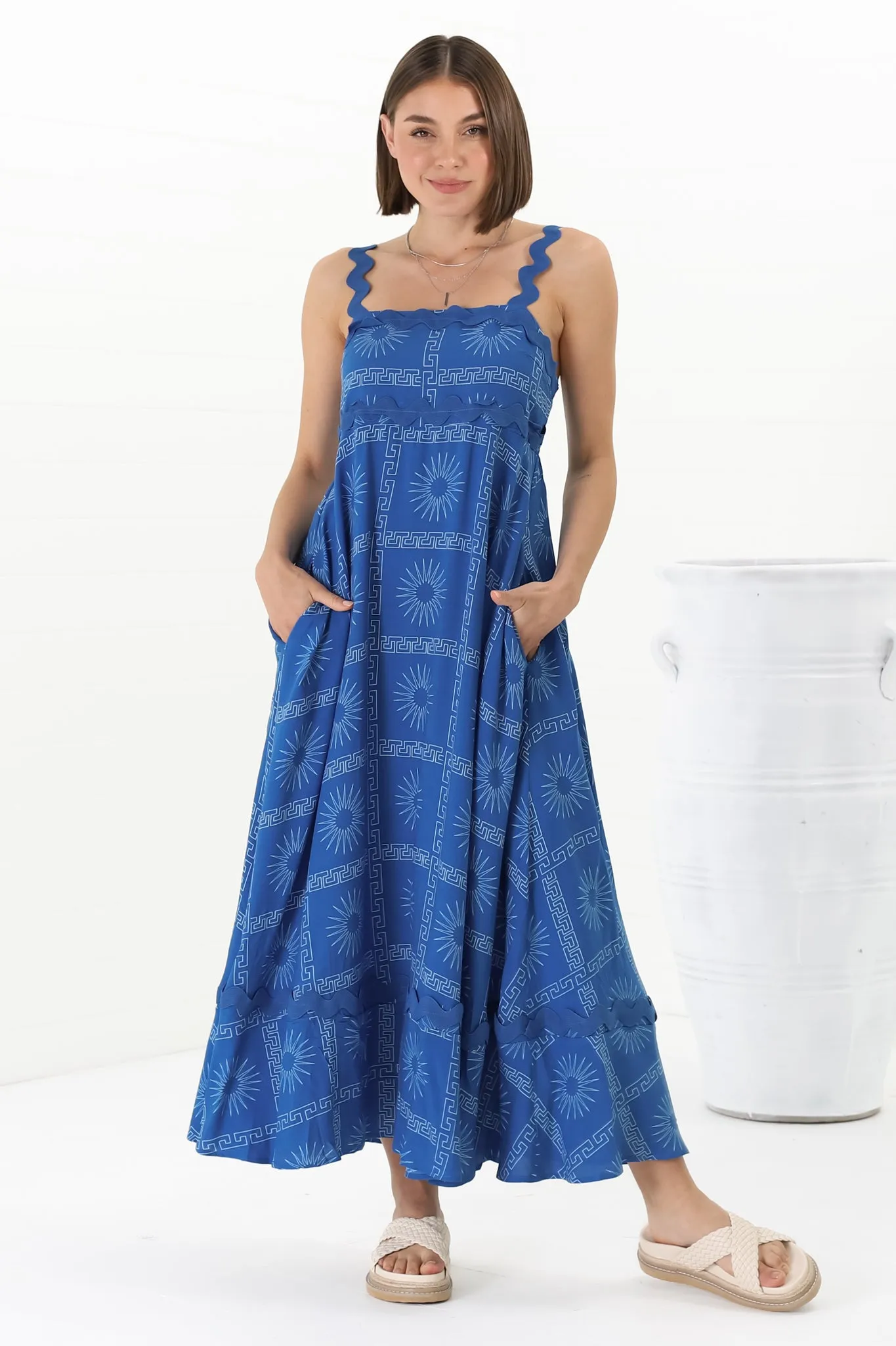 Bailie Maxi Dress - Rick Rack Detailed Sun Dress with Pockets Astra Print in Blue sold by Salty Crush