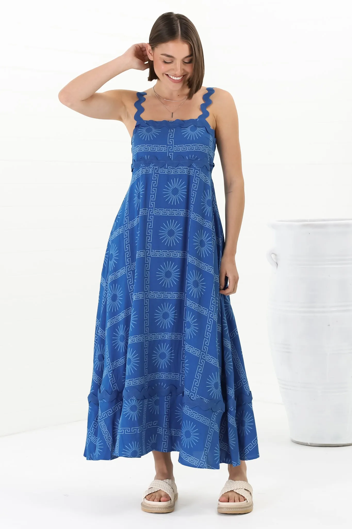 Bailie Maxi Dress - Rick Rack Detailed Sun Dress with Pockets Astra Print in Blue sold by Salty Crush product image thumbnail 4