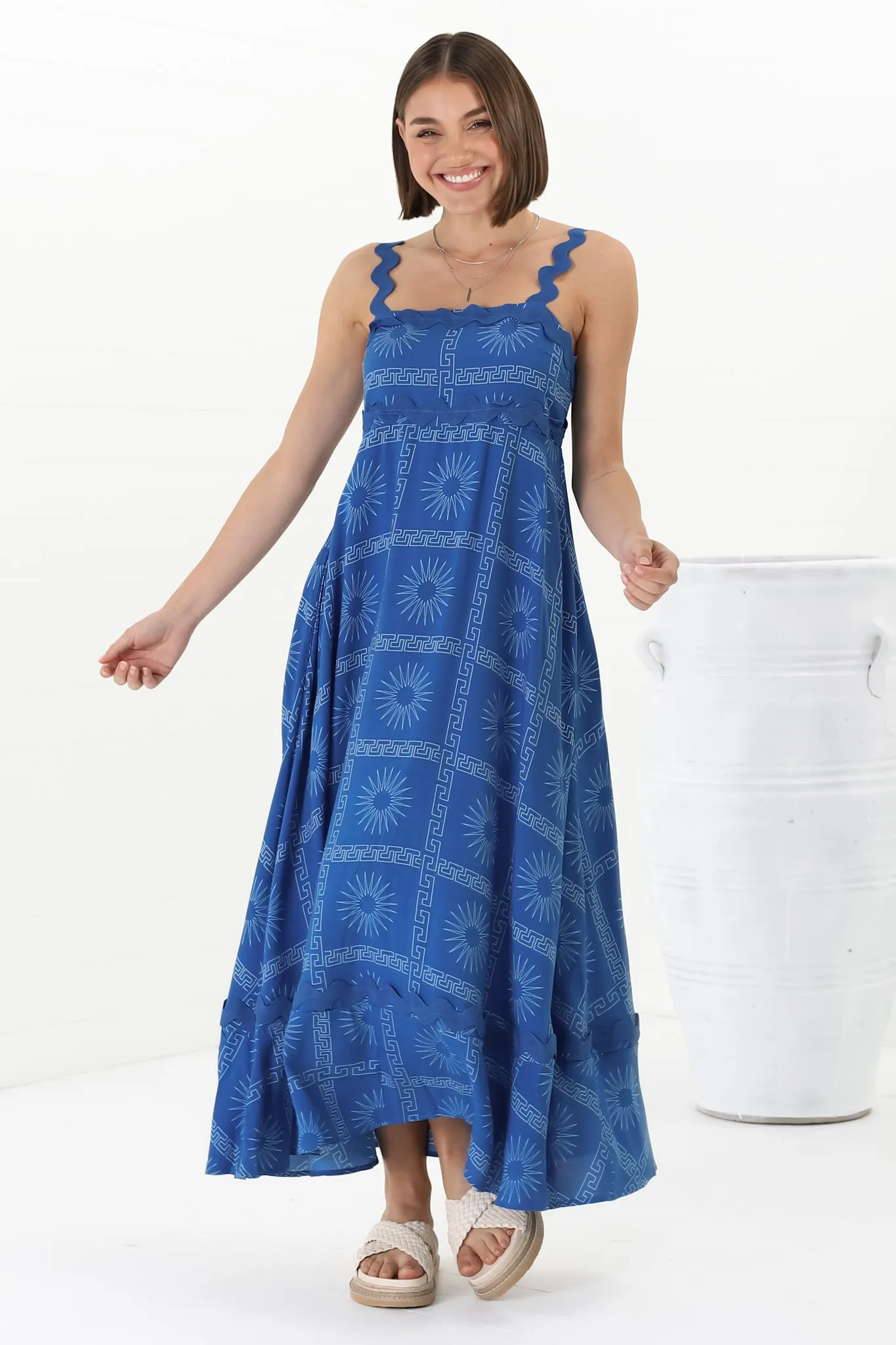 Bailie Maxi Dress - Rick Rack Detailed Sun Dress with Pockets Astra Print in Blue sold by Salty Crush product image thumbnail 2