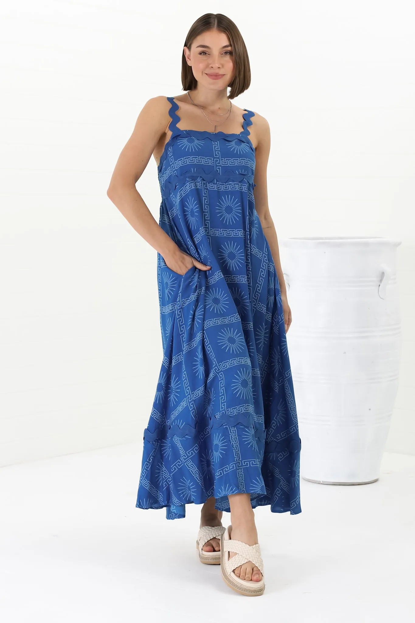 Bailie Maxi Dress - Rick Rack Detailed Sun Dress with Pockets Astra Print in Blue sold by Salty Crush product image thumbnail 3