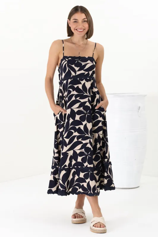 Marlin Midi Dress - Rick Rack Splicing Sun Dress with Adjustable Straps in Kiera Print Navy sold by Salty Crush