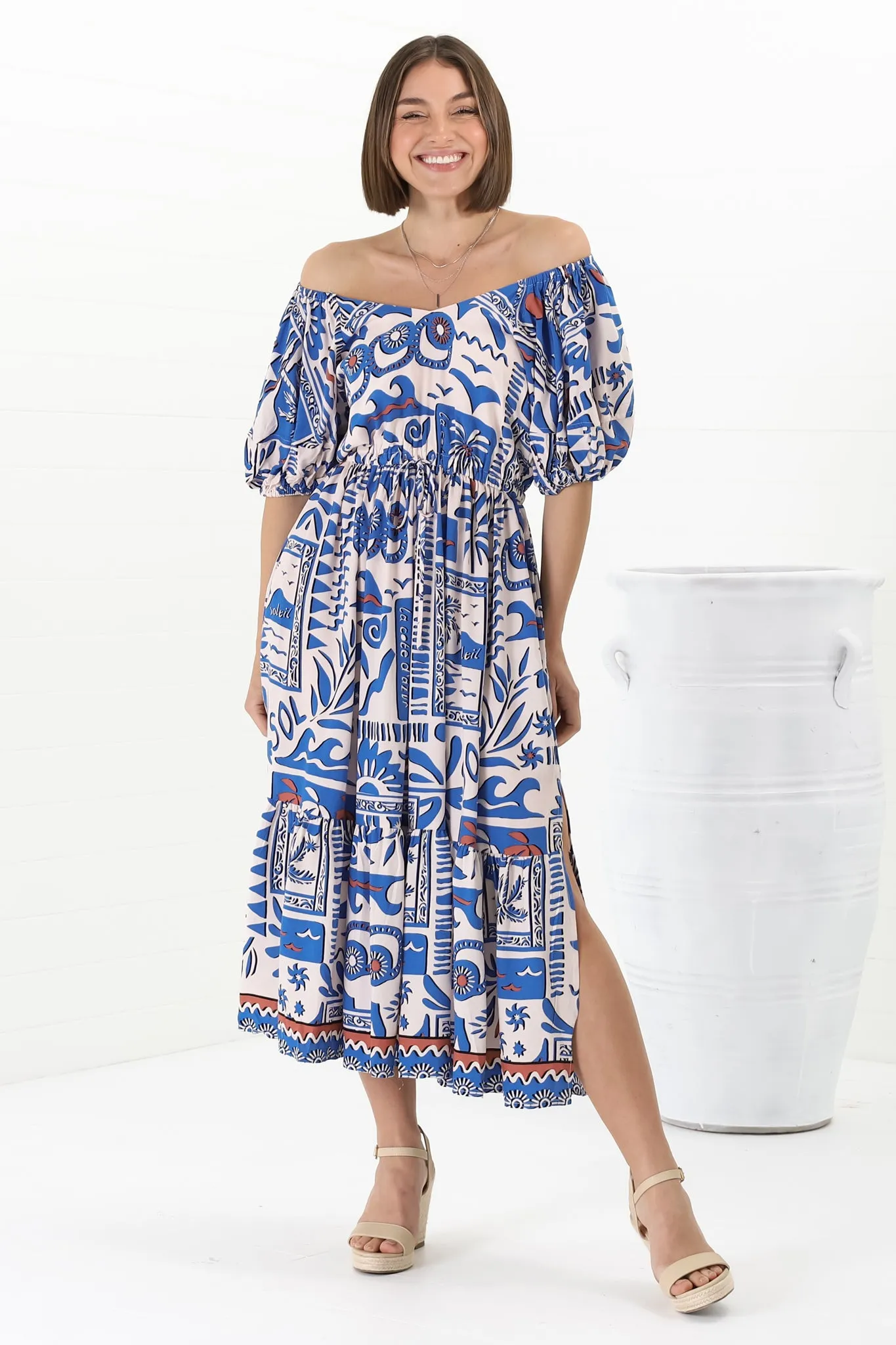 Ezrah Midi Dress - V Neck On or Off Shoulder Dress with Balloon Sleeves in Gadu Print Blue sold by Salty Crush
