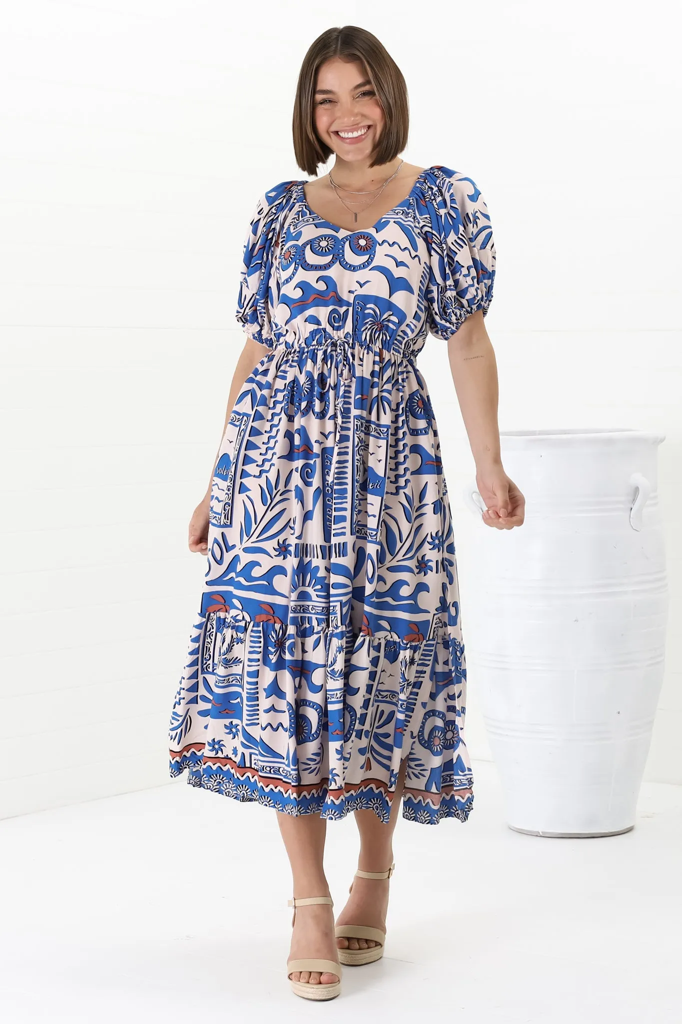 Ezrah Midi Dress - V Neck On or Off Shoulder Dress with Balloon Sleeves in Gadu Print Blue sold by Salty Crush product image thumbnail 4