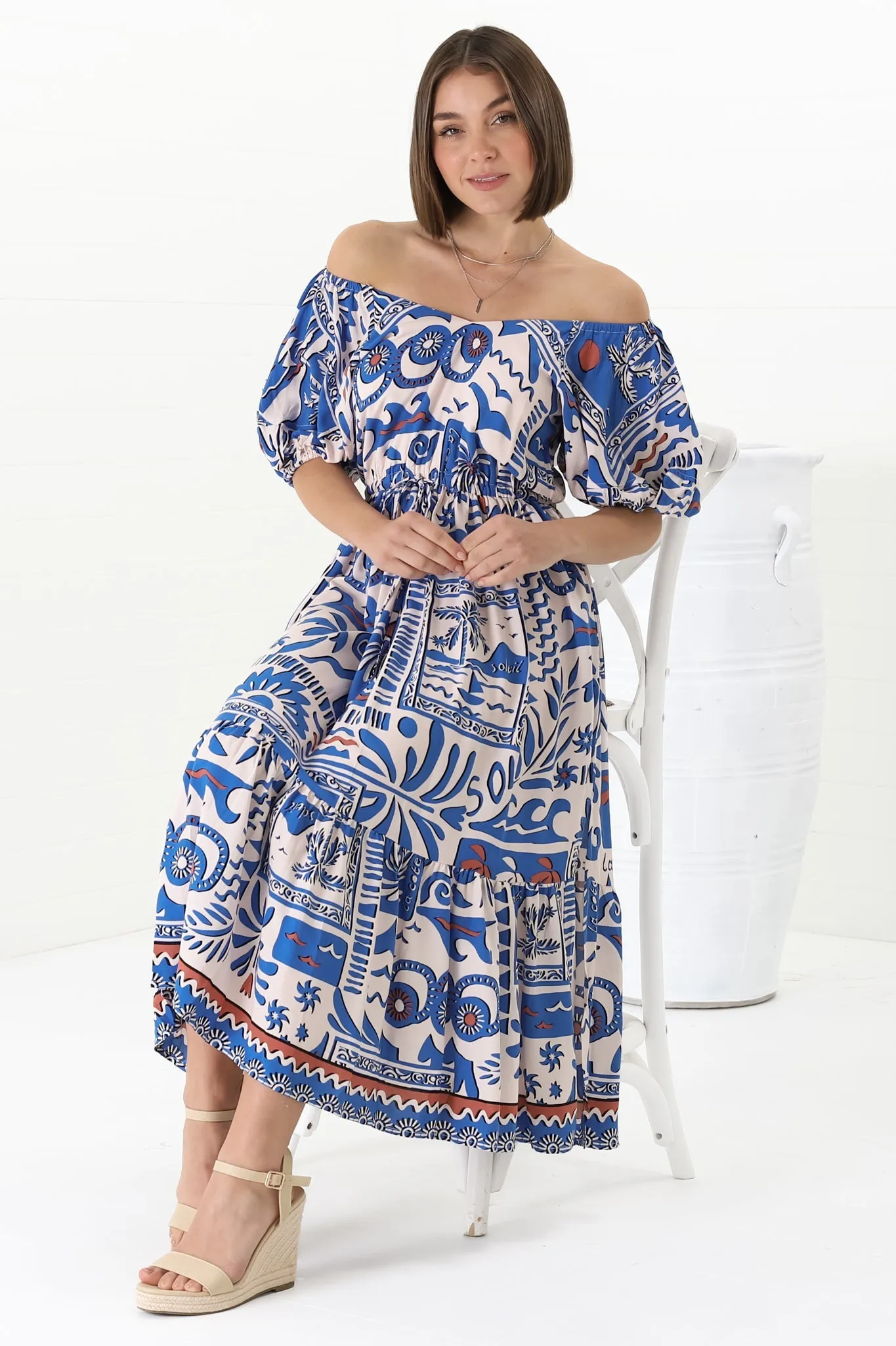 Ezrah Midi Dress - V Neck On or Off Shoulder Dress with Balloon Sleeves in Gadu Print Blue sold by Salty Crush product image thumbnail 3