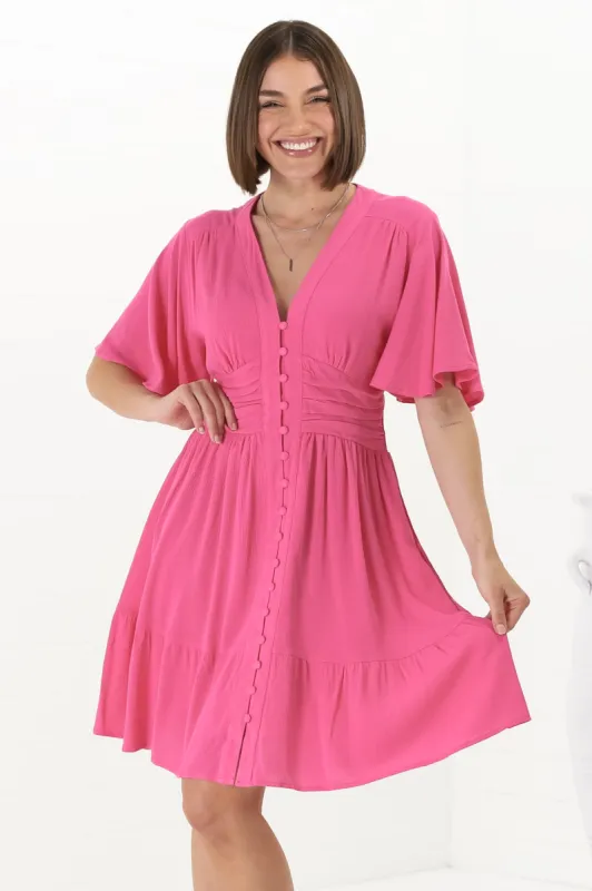 Gaia Mini Dress - Gathered Waist Detail Dress with Cape Sleeves in Hot Pink sold by Salty Crush