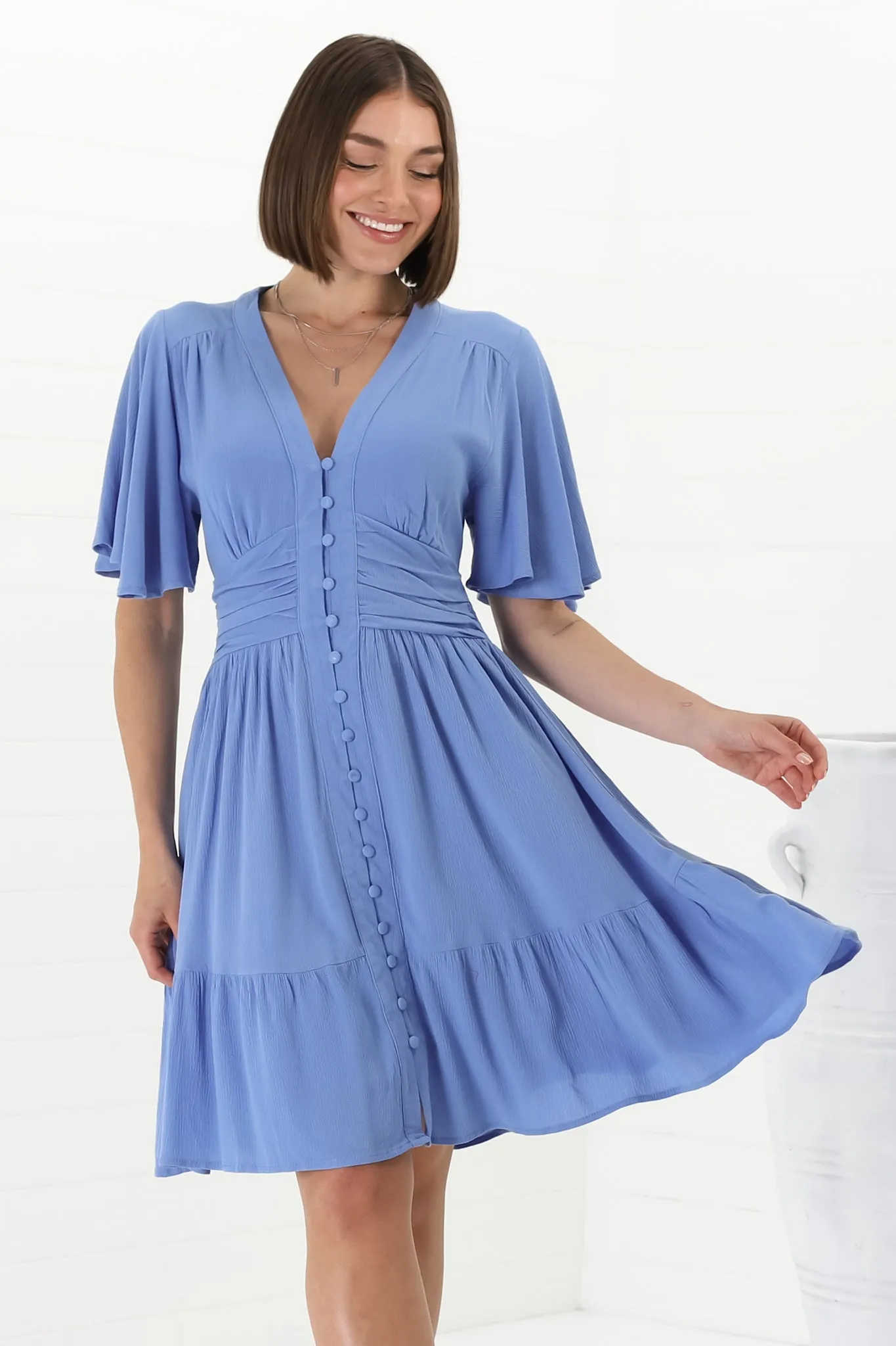 Gaia Mini Dress - Gathered Waist Detail Dress with Cape Sleeves in Blue sold by Salty Crush product image thumbnail 4