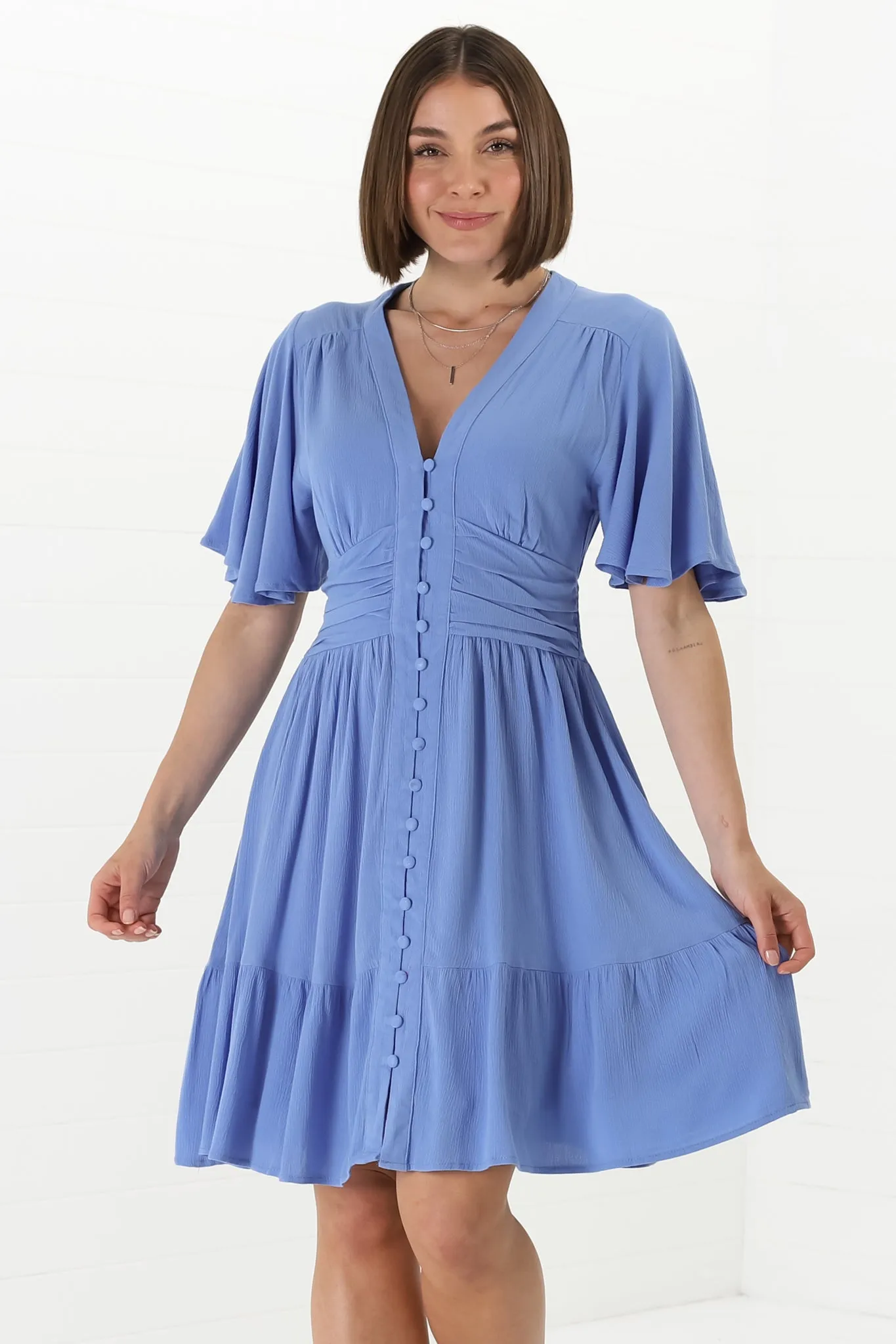 Gaia Mini Dress - Gathered Waist Detail Dress with Cape Sleeves in Blue sold by Salty Crush product image thumbnail 5