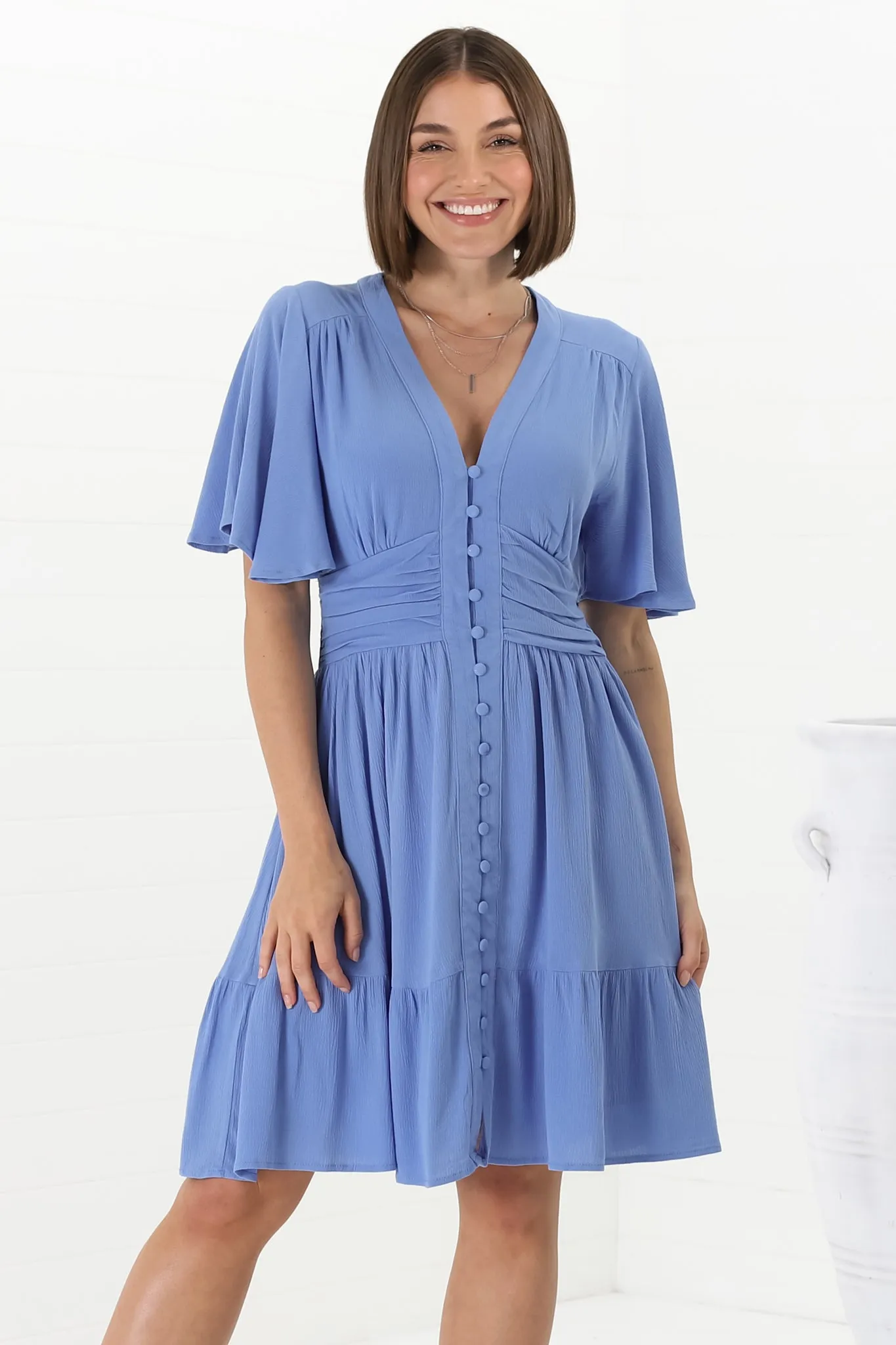 Gaia Mini Dress - Gathered Waist Detail Dress with Cape Sleeves in Blue sold by Salty Crush
