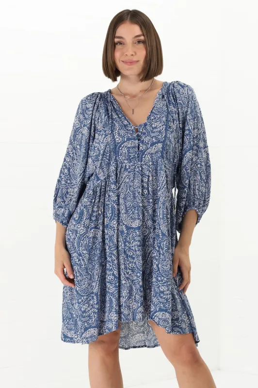 Juddy Mini Dress - Batwing Sleeve Smock Dress with Lace Detailing in Khalid Print Blue sold by Salty Crush