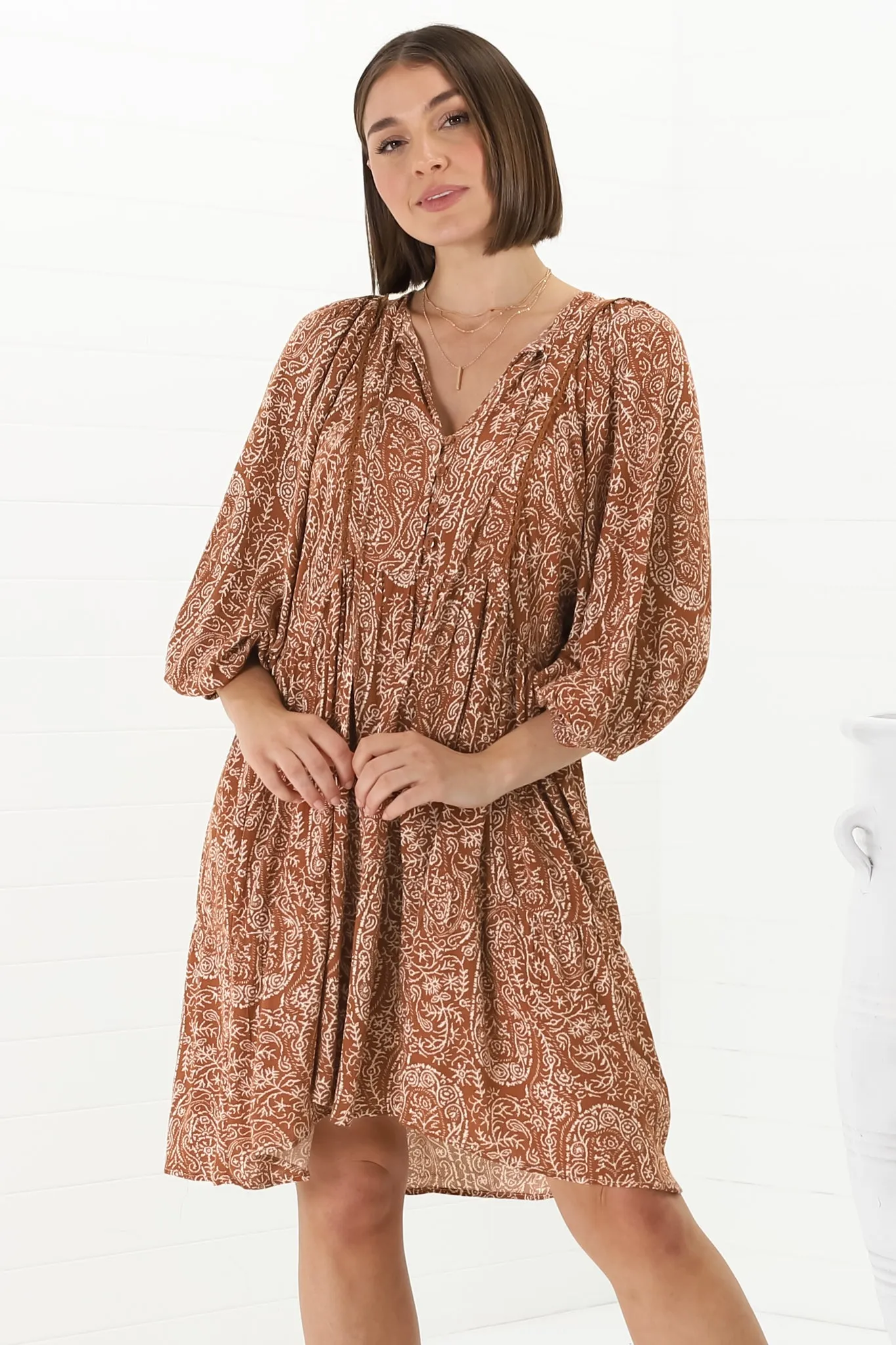 Juddy Mini Dress - Batwing Sleeve Smock Dress with Lace Detailing in Khalid Print Rust sold by Salty Crush product image thumbnail 5